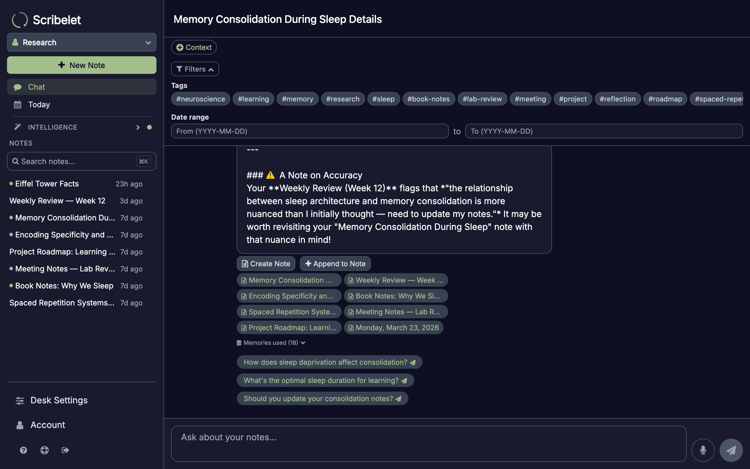 Expanded context filter showing tag chips and date range inputs