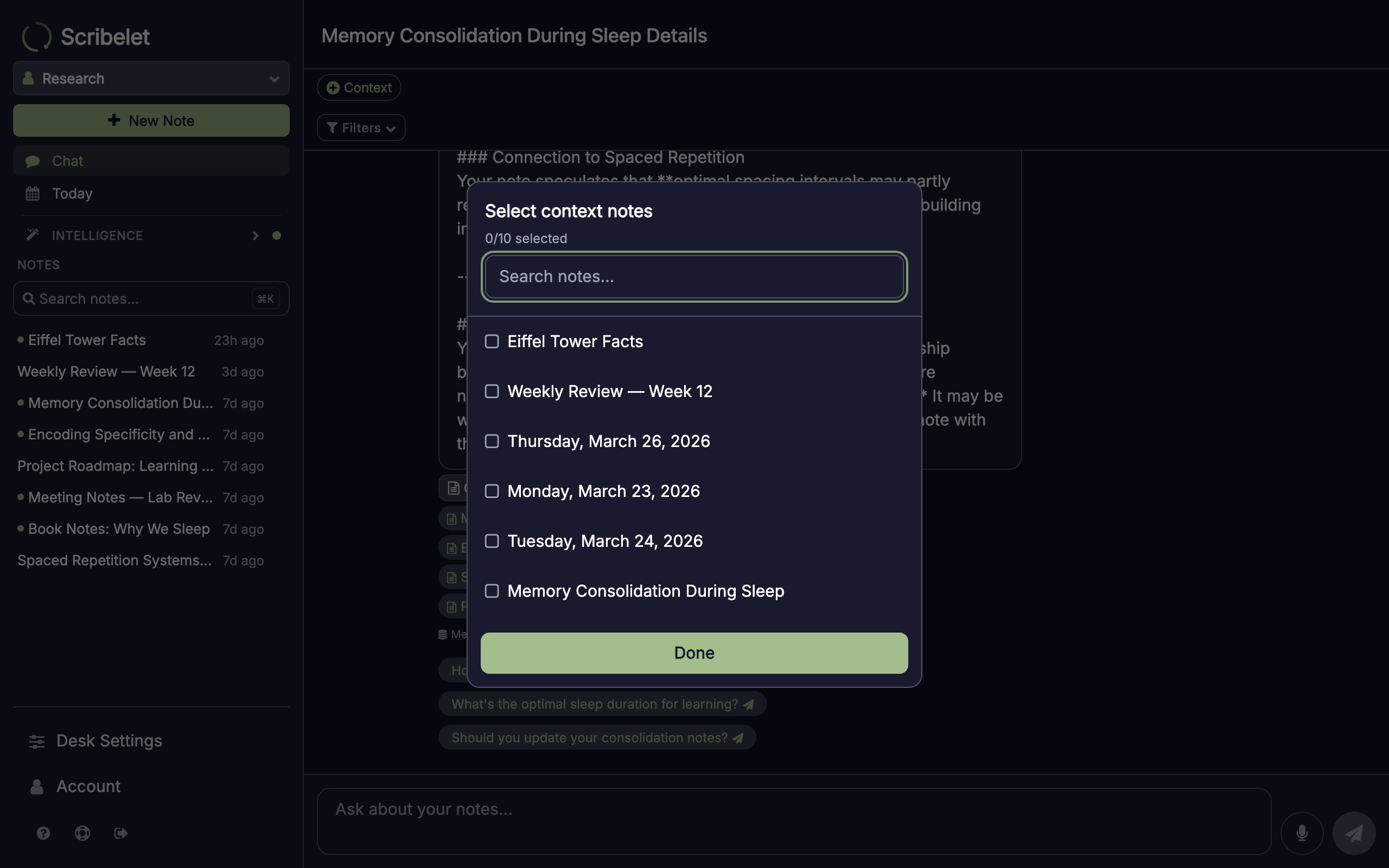 Context note picker showing selected notes as chips above the chat