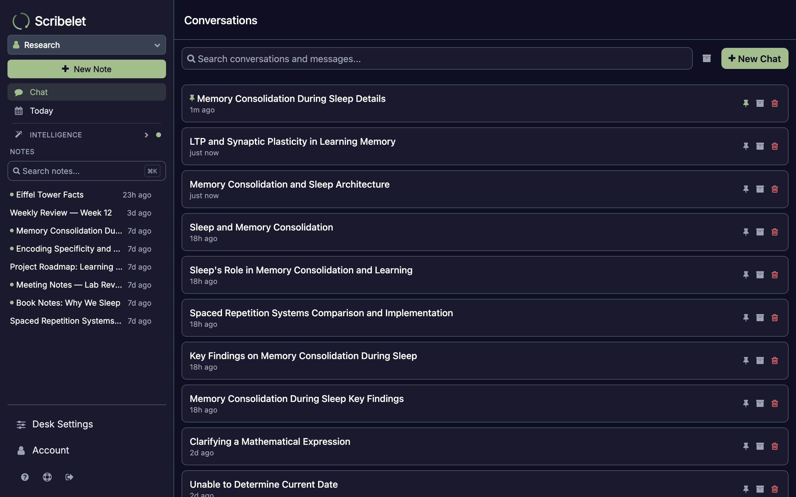 Conversation list showing pinned conversations at the top and search bar