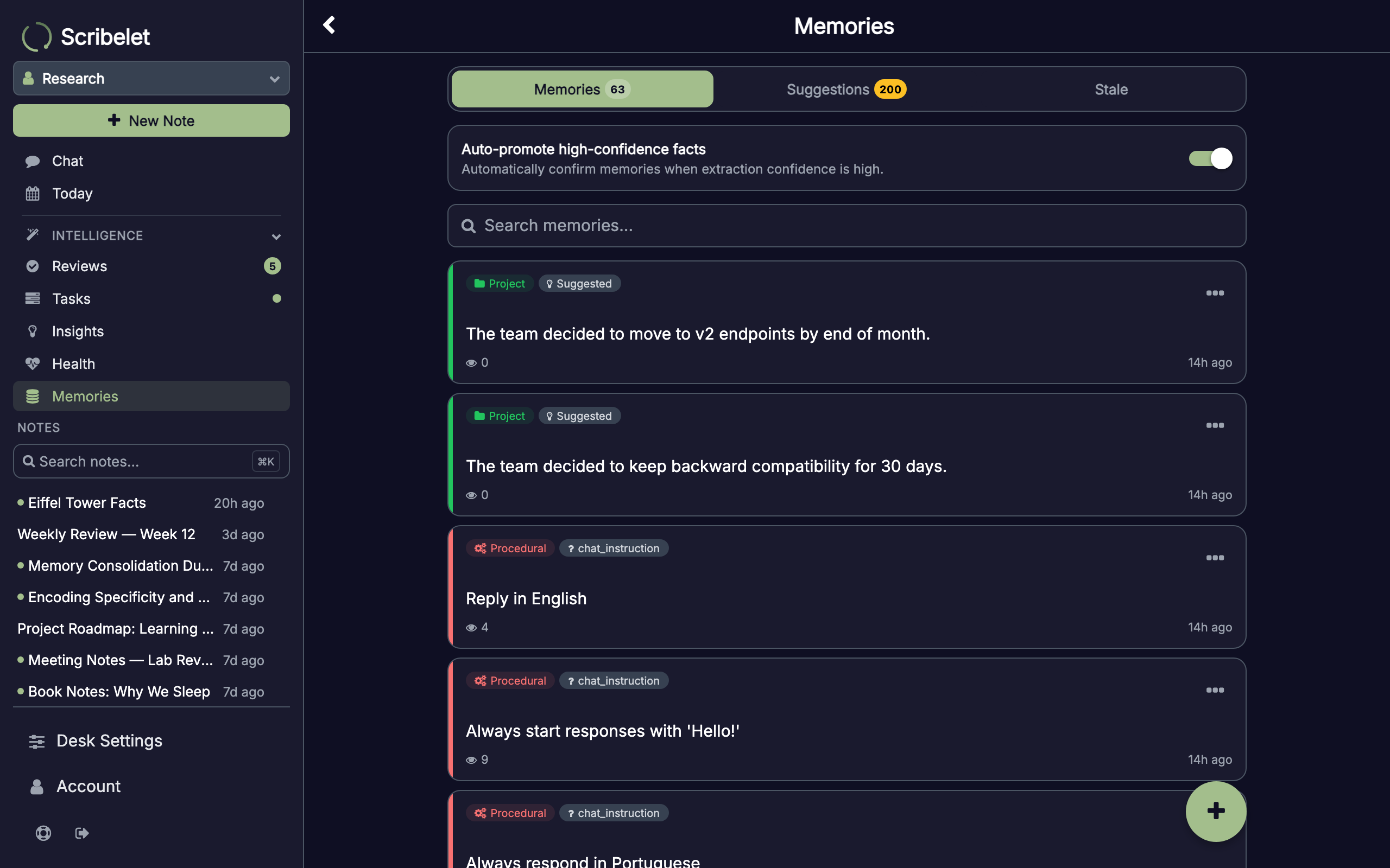 Memory list showing extracted facts organized by category