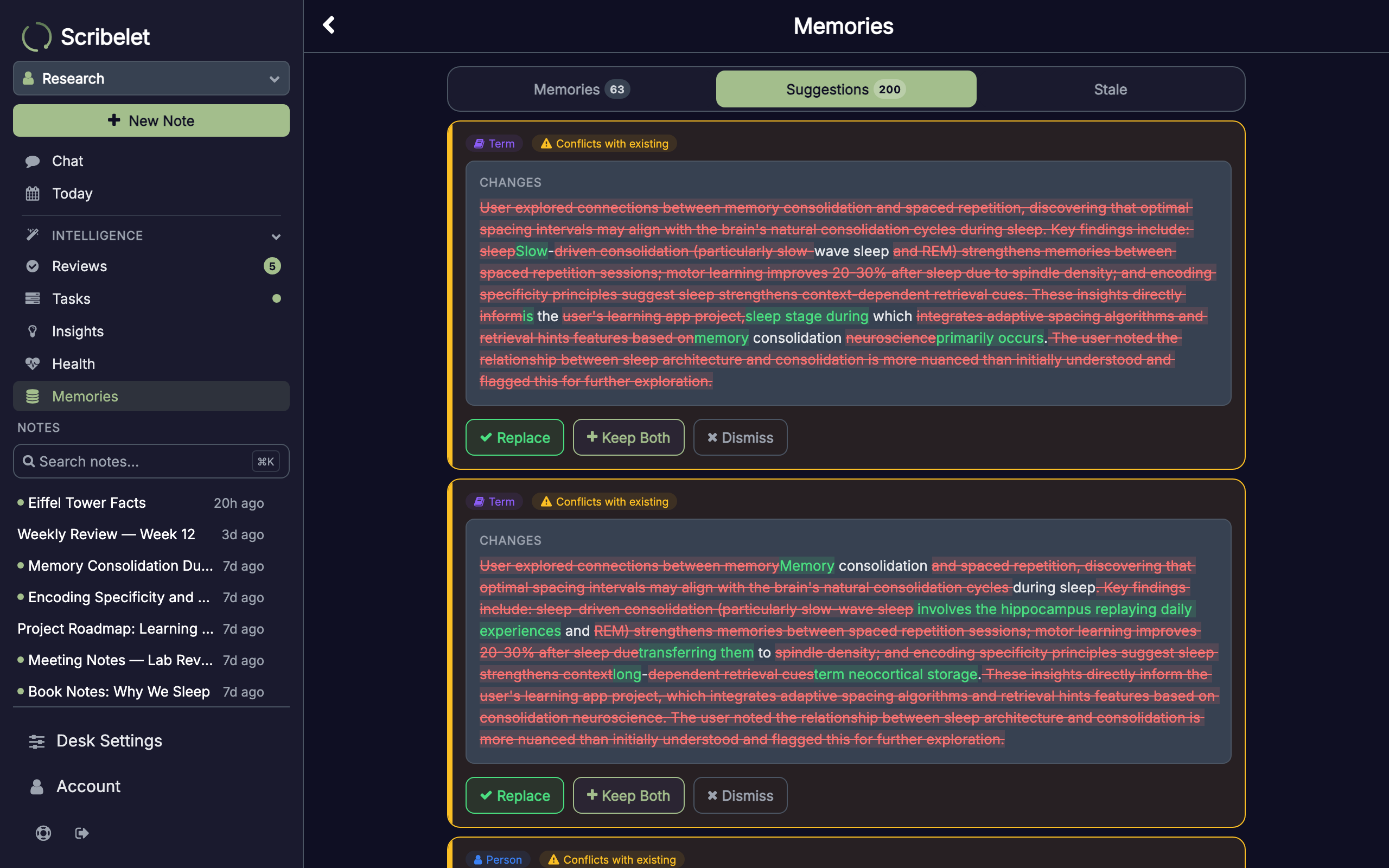 Suggestion cards with approve, dismiss, and keep both actions