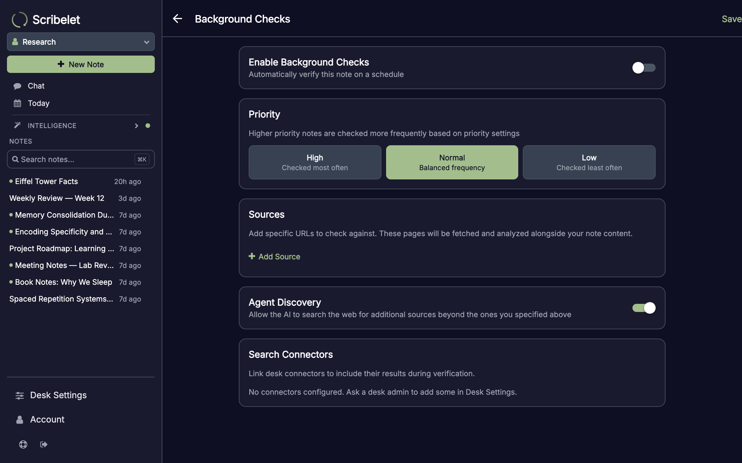 Background checks configuration screen with priority, sources, and agent discovery