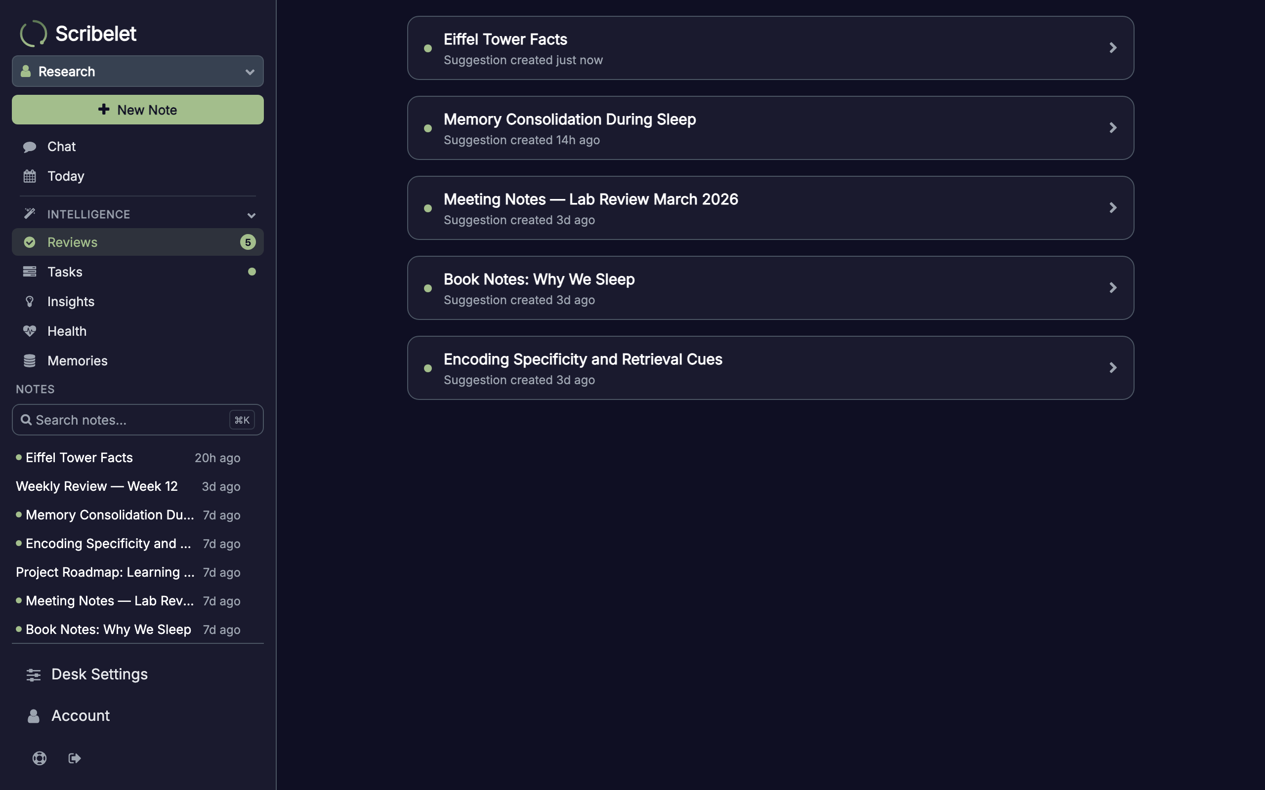 Reviews inbox showing notes with pending verification suggestions