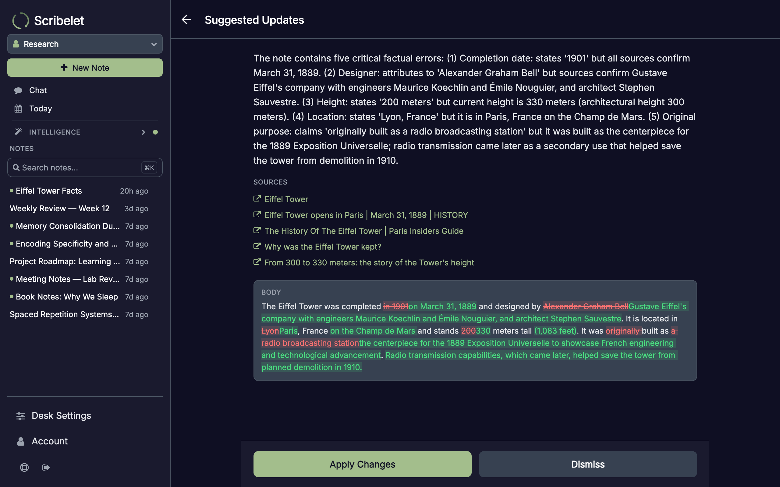 Suggestion review screen showing reasoning, sources, and a diff of proposed changes