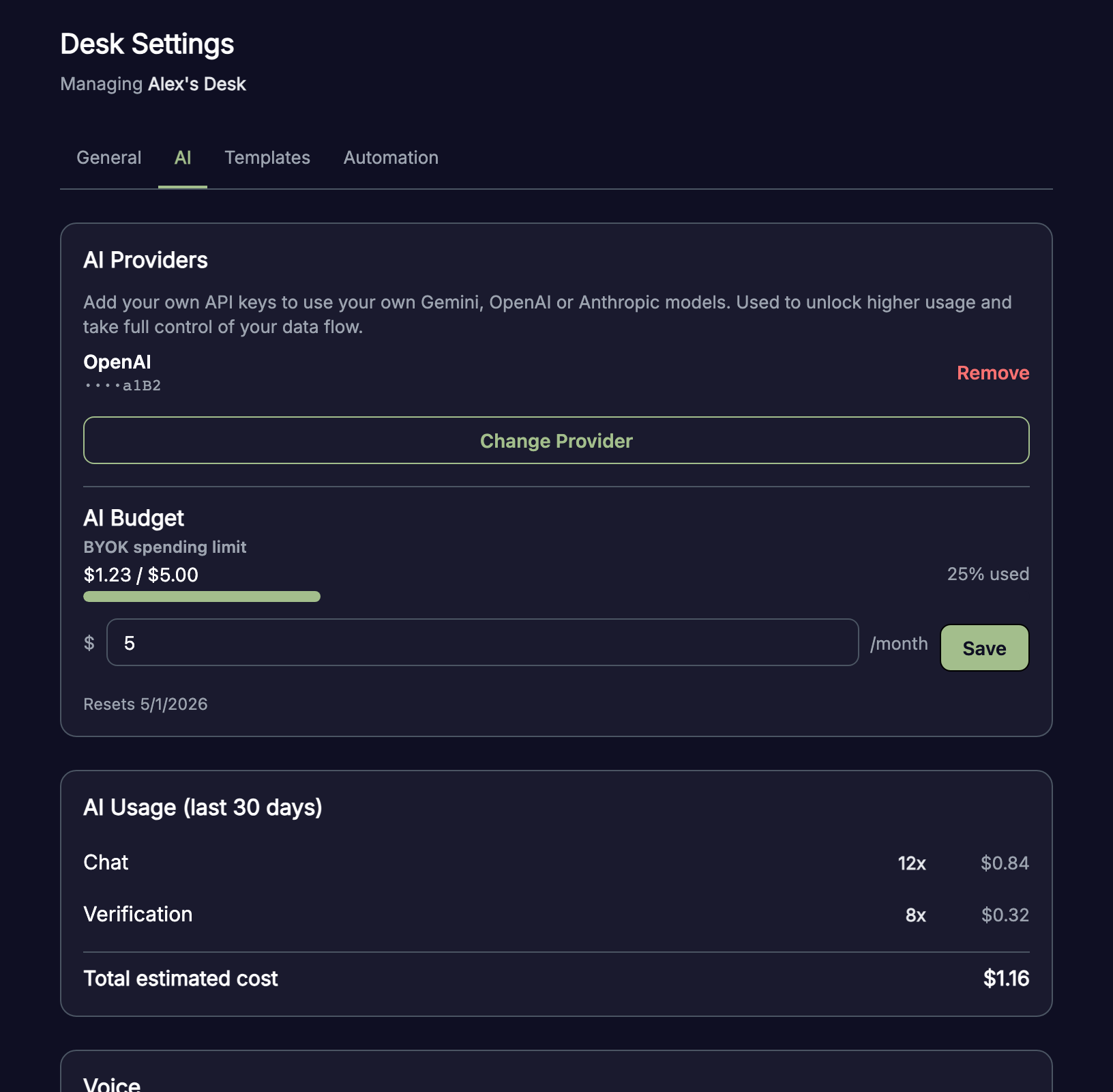 AI Budget section showing spending progress bar and monthly limit input