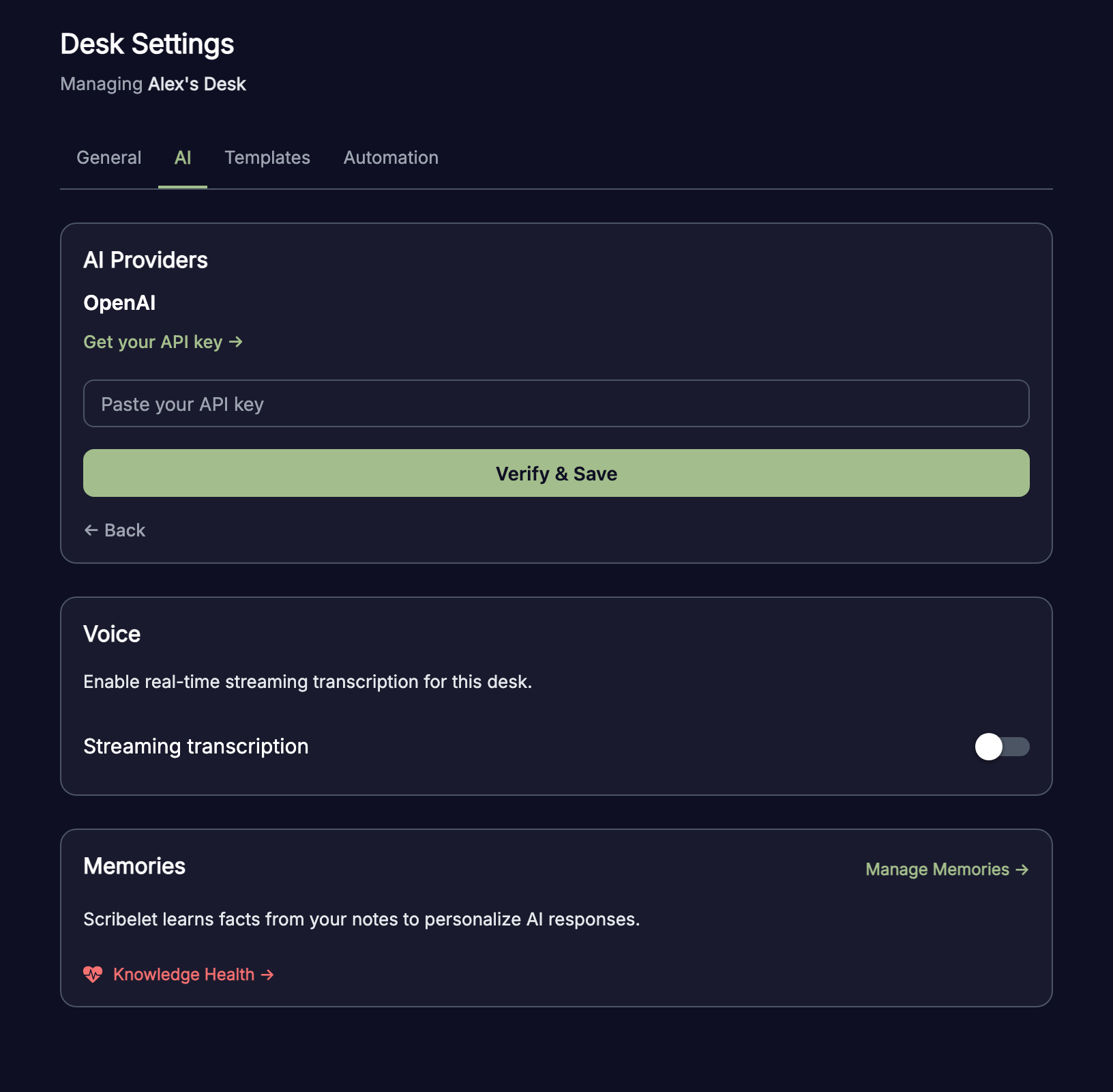 API key entry form for the selected provider with Verify and Save button
