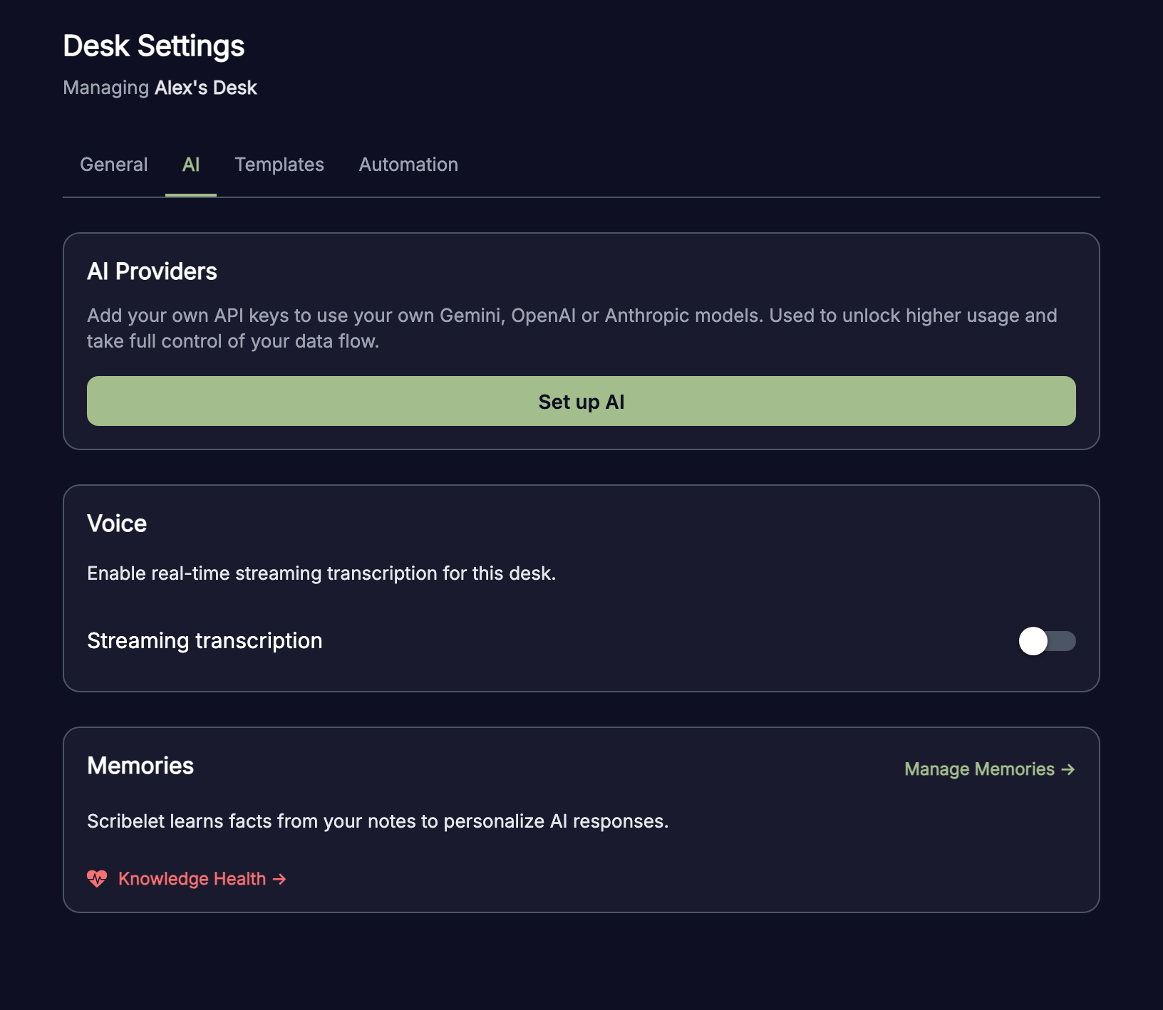 AI Providers section in desk settings showing the setup prompt