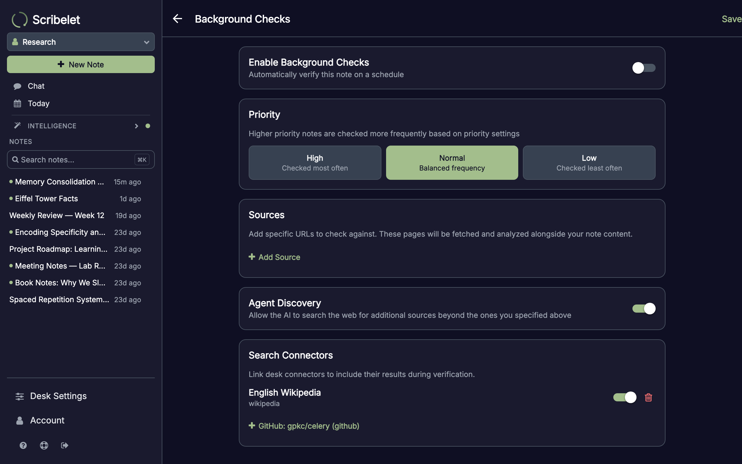 Check configuration screen for a note with two linked connectors, each with an enable switch
