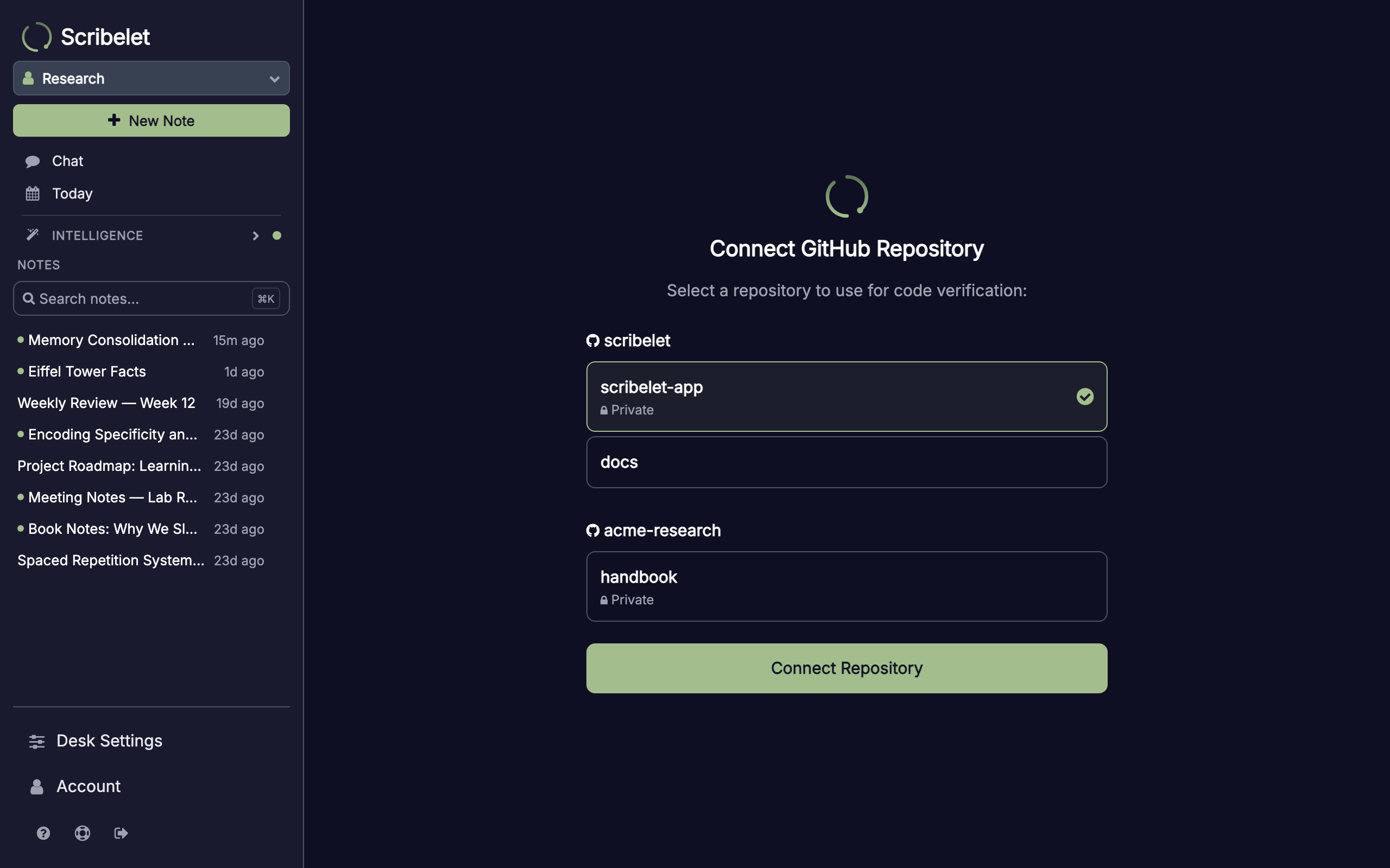 GitHub callback screen showing an installation picker and a list of repositories