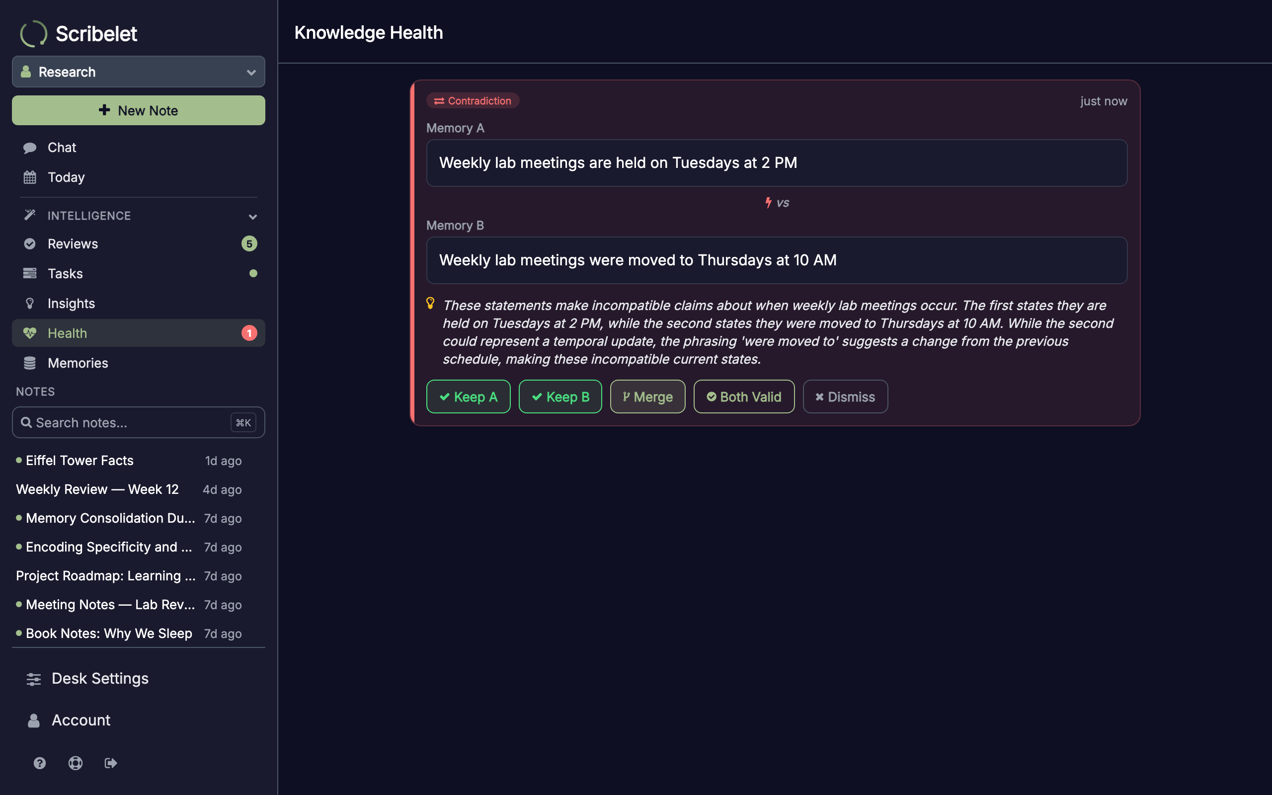 Knowledge Health screen showing a contradiction card with two conflicting memories and an AI explanation