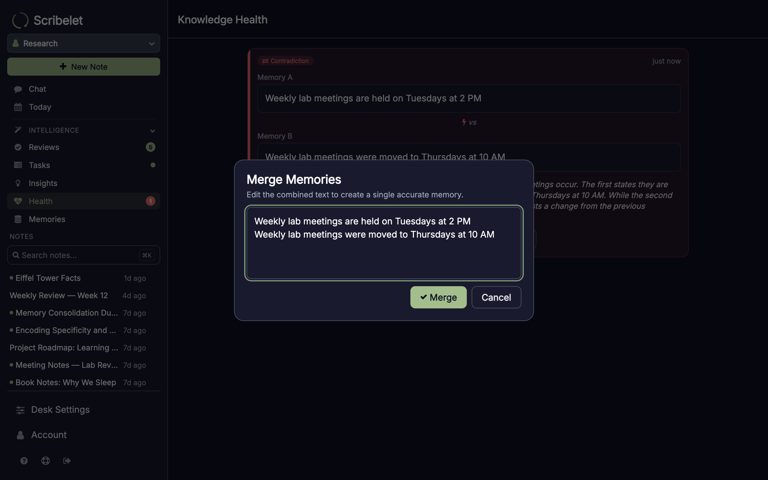 Merge editor modal showing combined memory text ready for editing