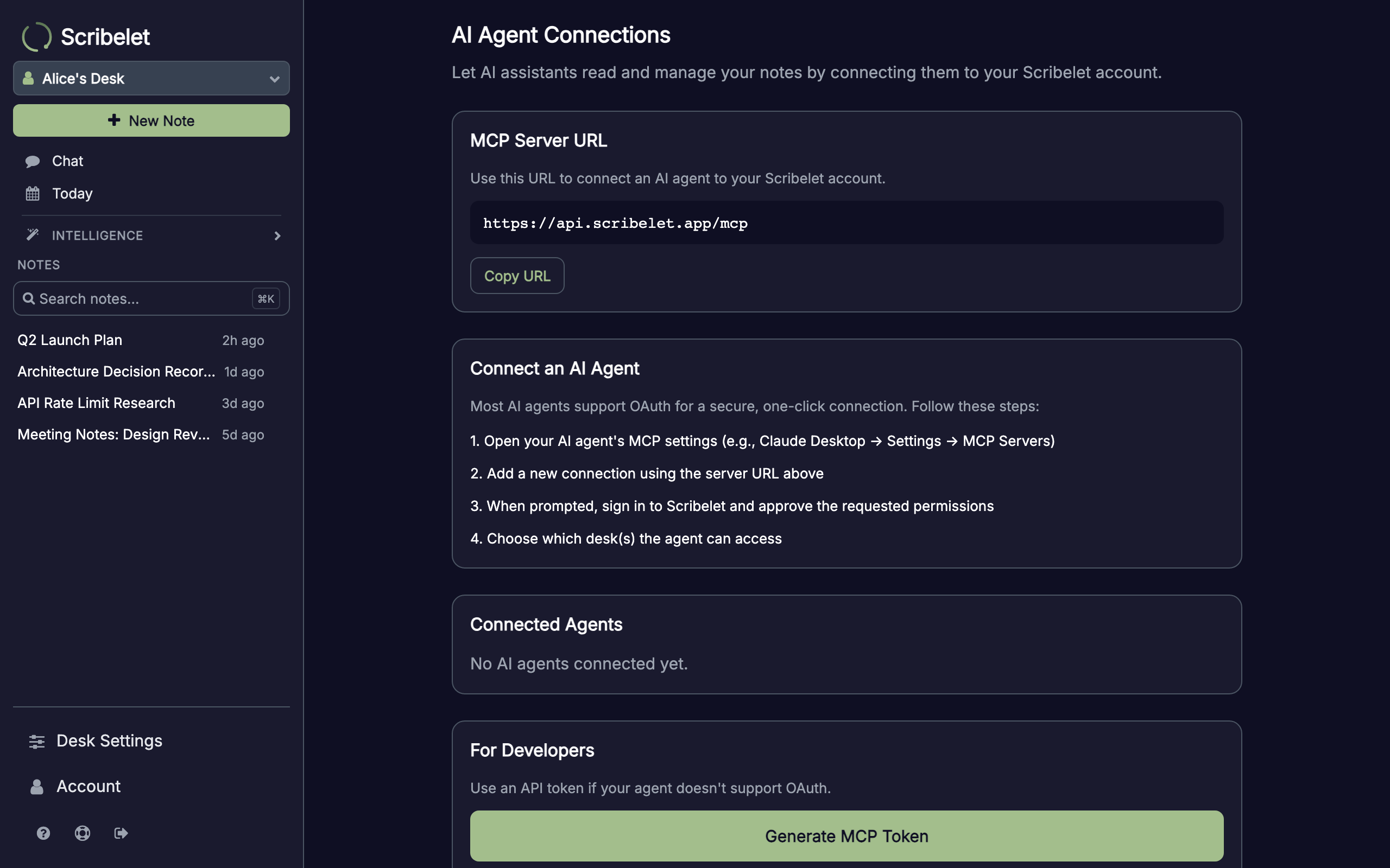 AI Agent Connections page showing the MCP server URL, setup steps, and token generation