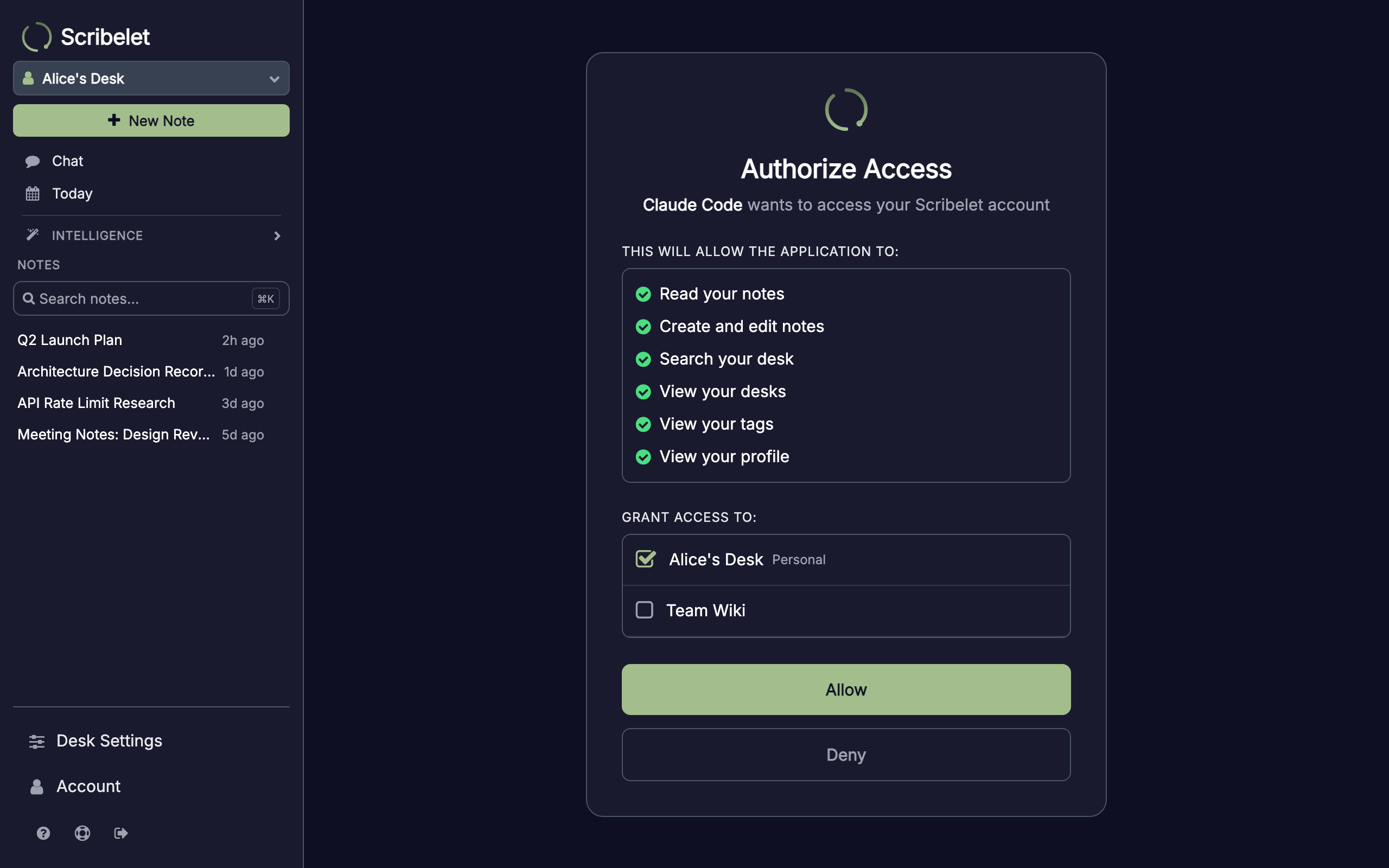 OAuth consent screen showing the requesting agent, permission scopes, and desk selection