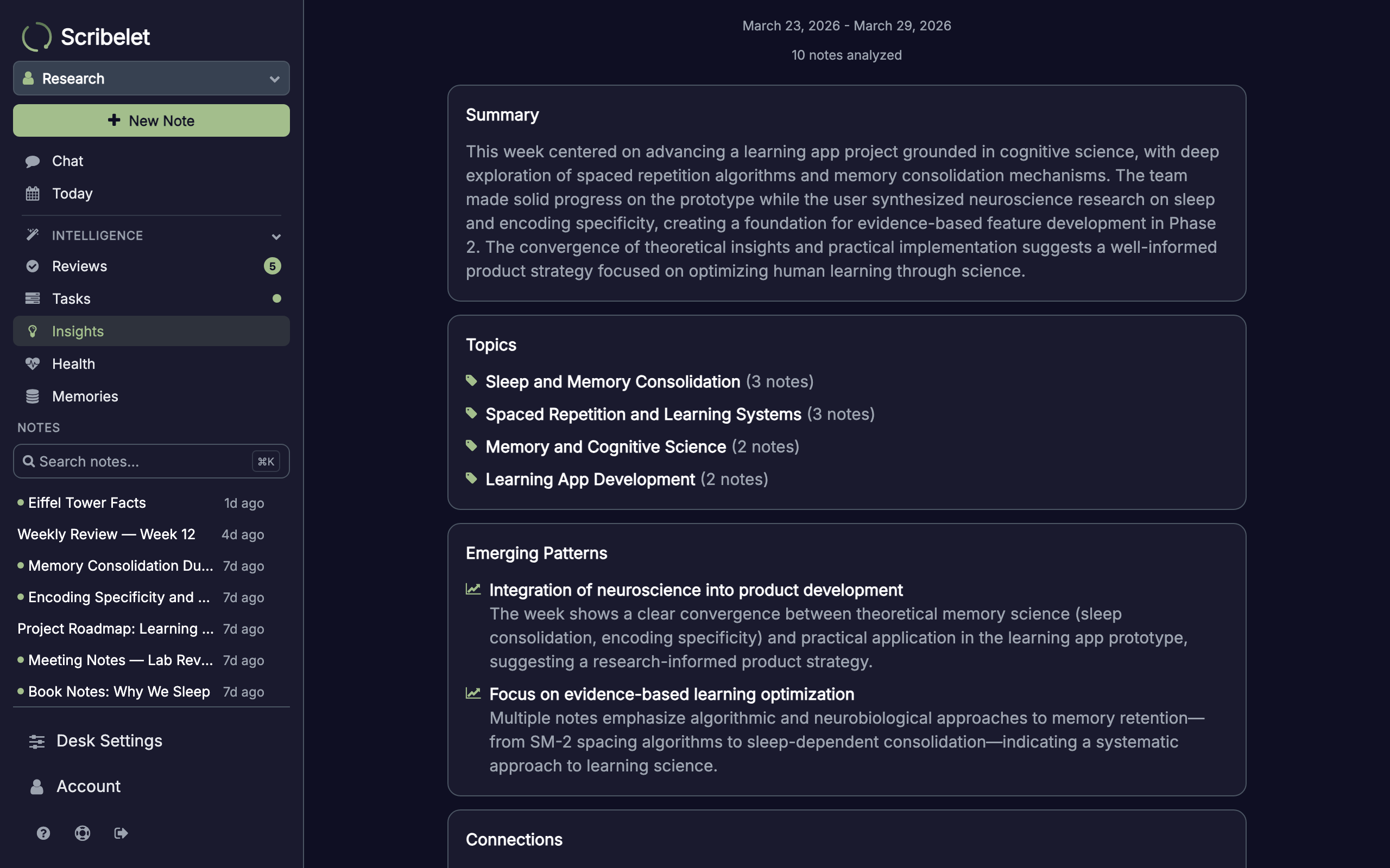 Insight detail showing summary, topics, emerging patterns, and connections sections