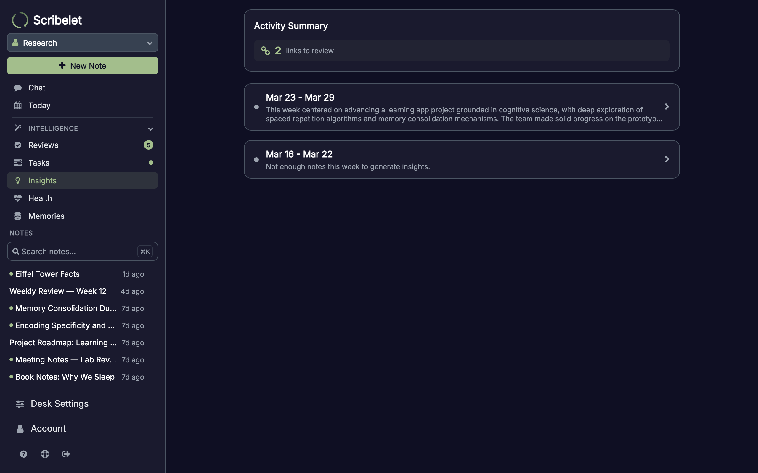 Insights list showing weekly insight cards with date ranges and summaries