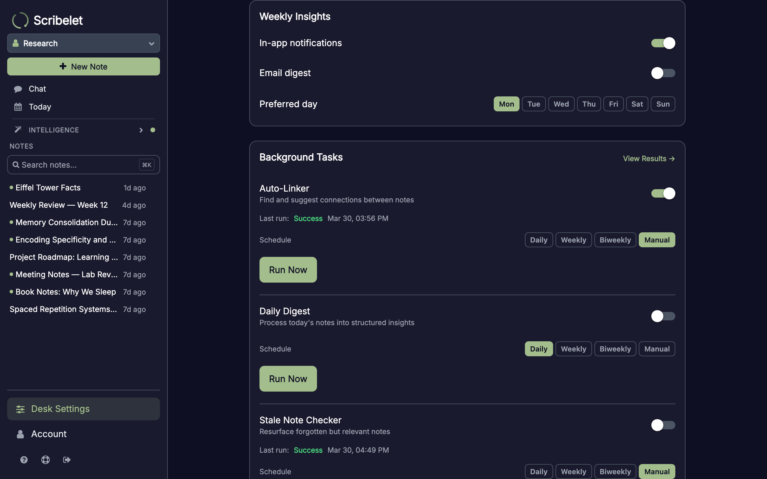 Weekly Insights preferences showing toggles for notifications and email, and day-of-week selector