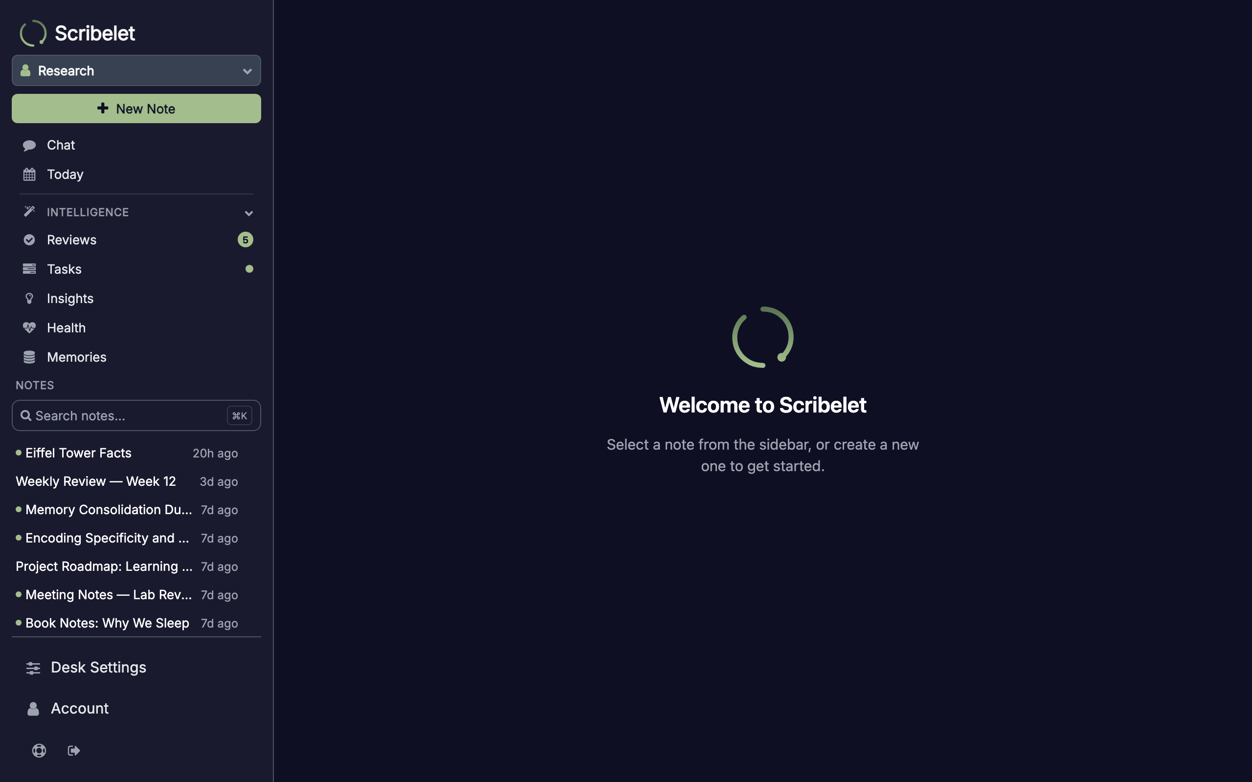Memories page showing extracted facts and procedural memories from notes and conversations