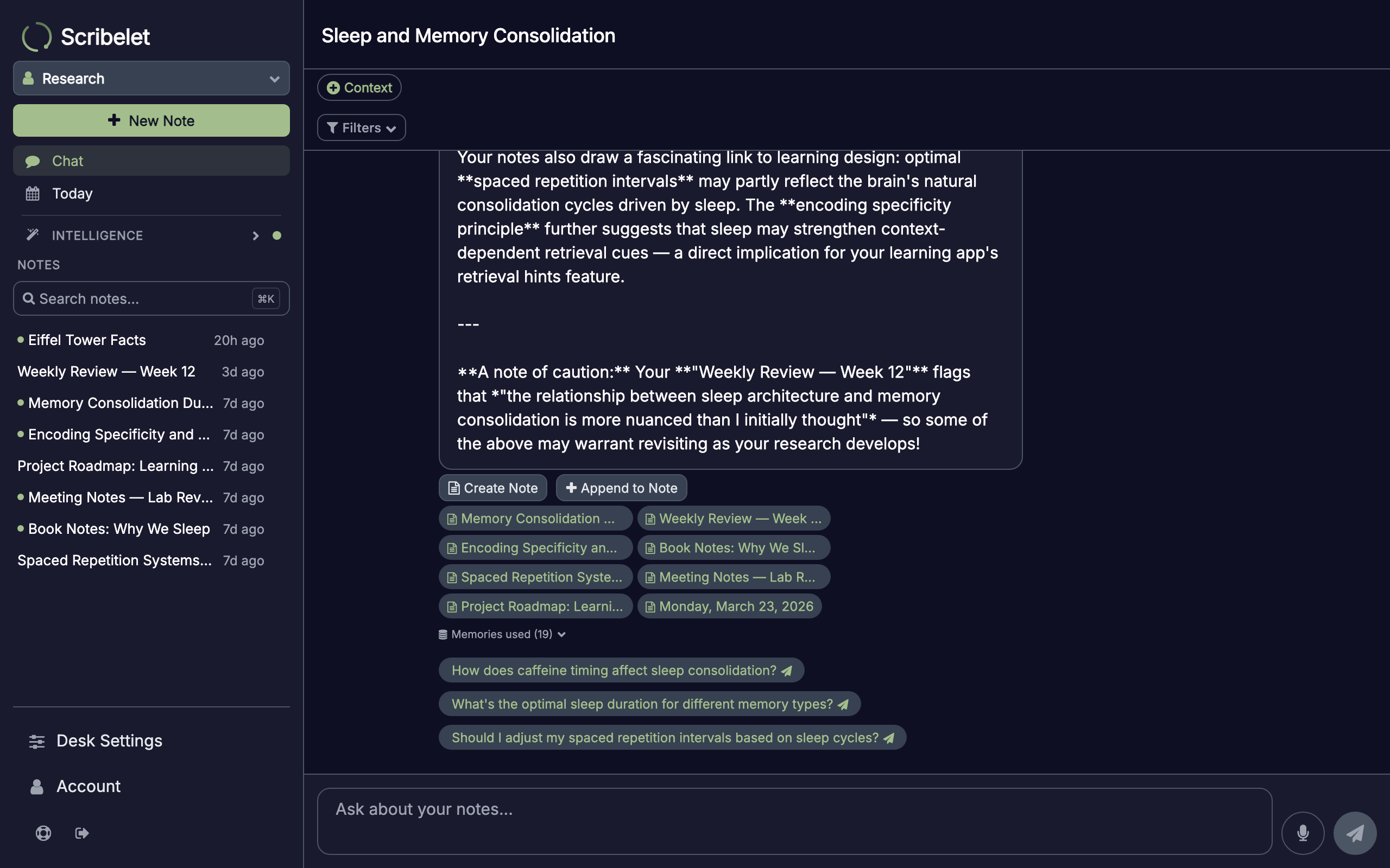 AI chat showing a cited answer drawn from the user's notes