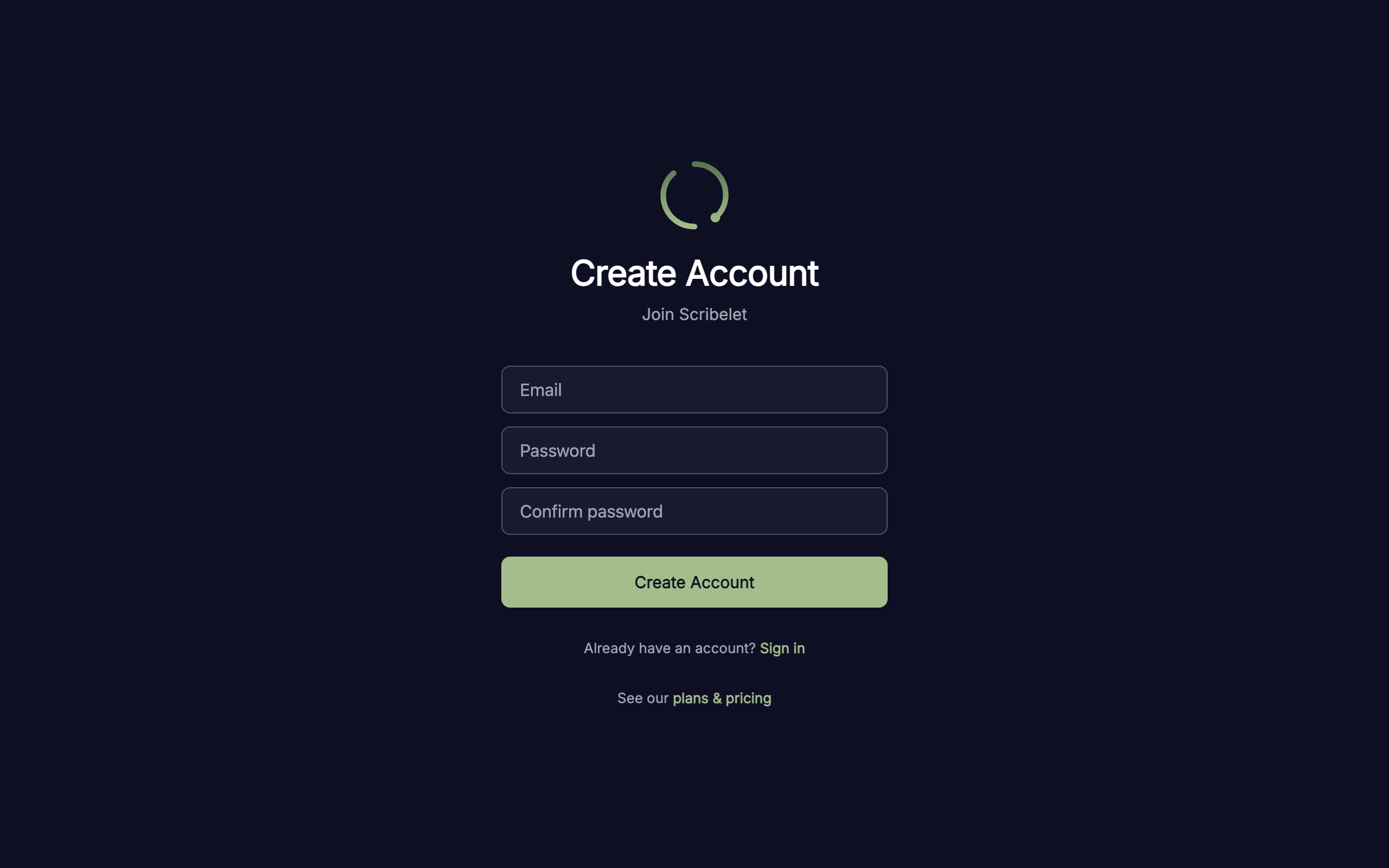Scribelet registration form with email and password fields