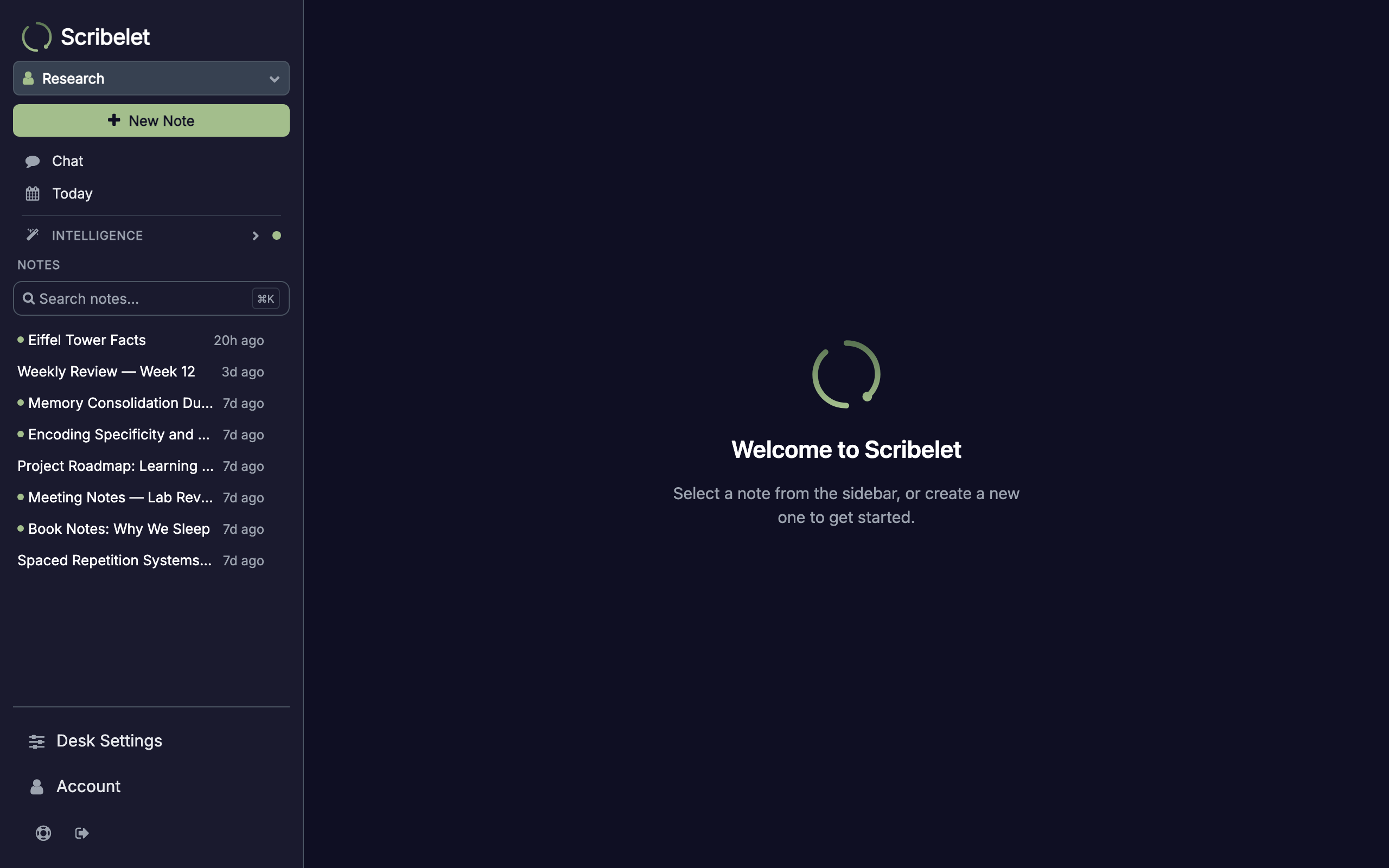 Scribelet workspace showing the notes list with the onboarding tour overlay