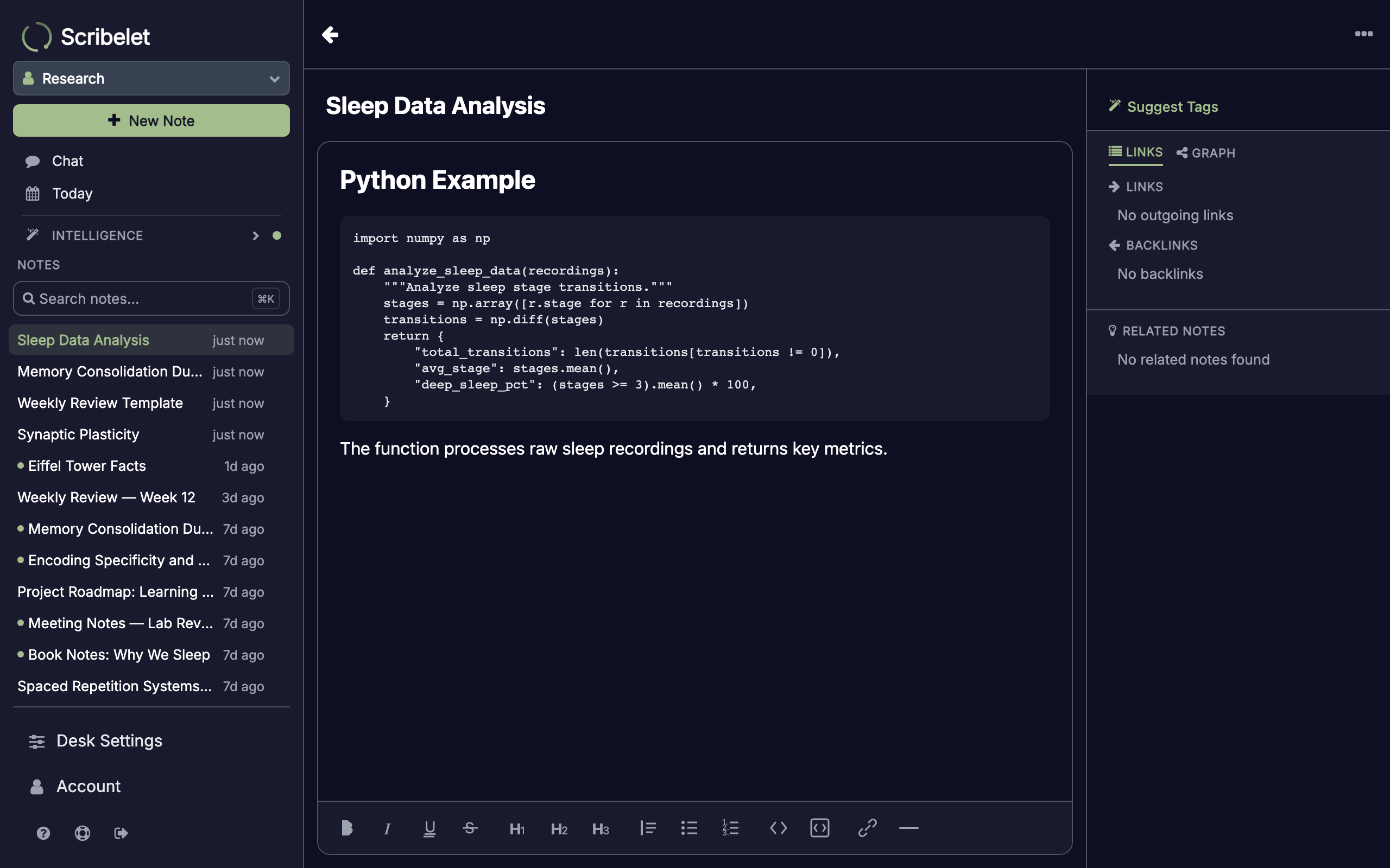 Python code block in the note editor with the formatting toolbar below
