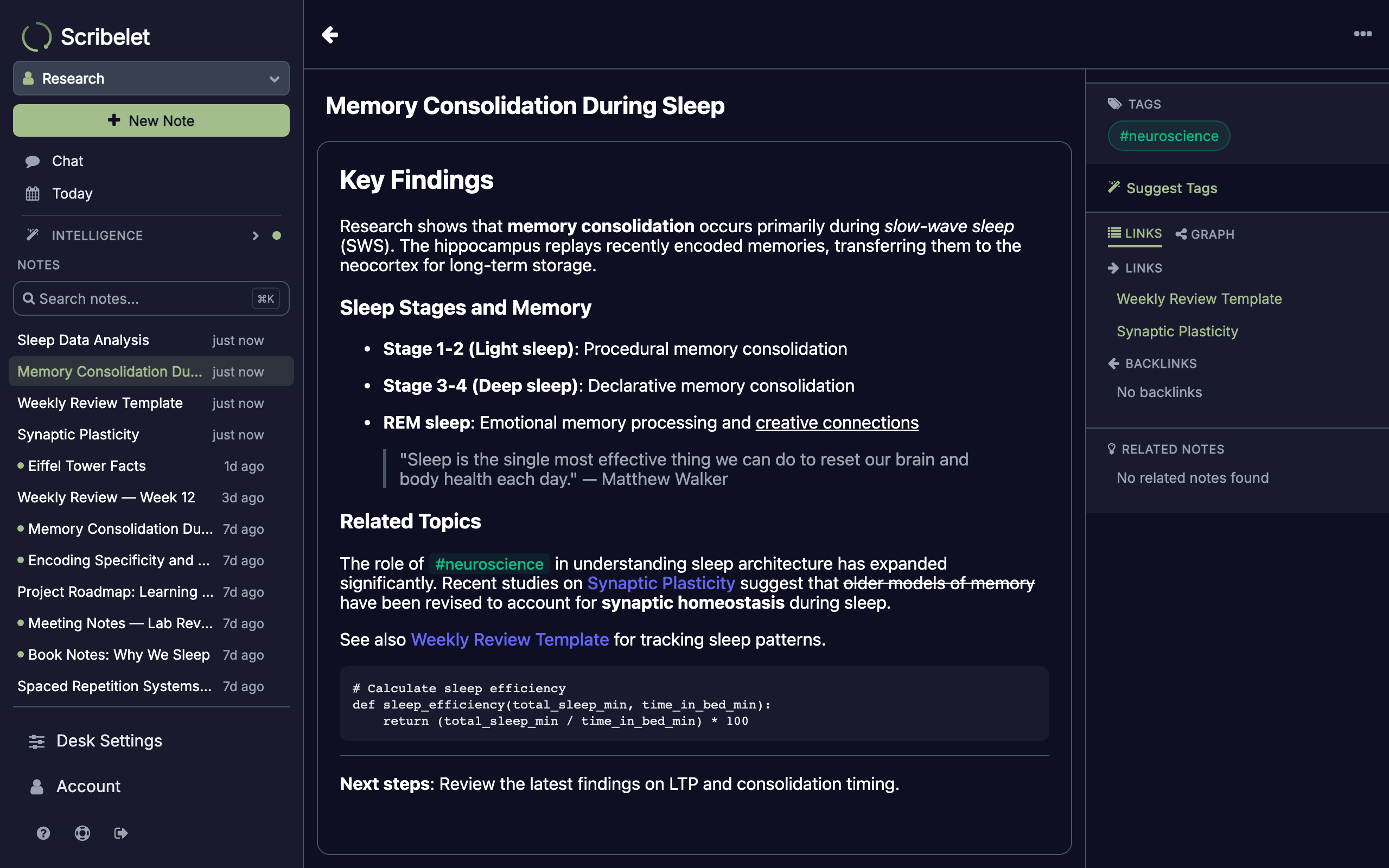 Note editor with title and formatted body content including headings, lists, and tags