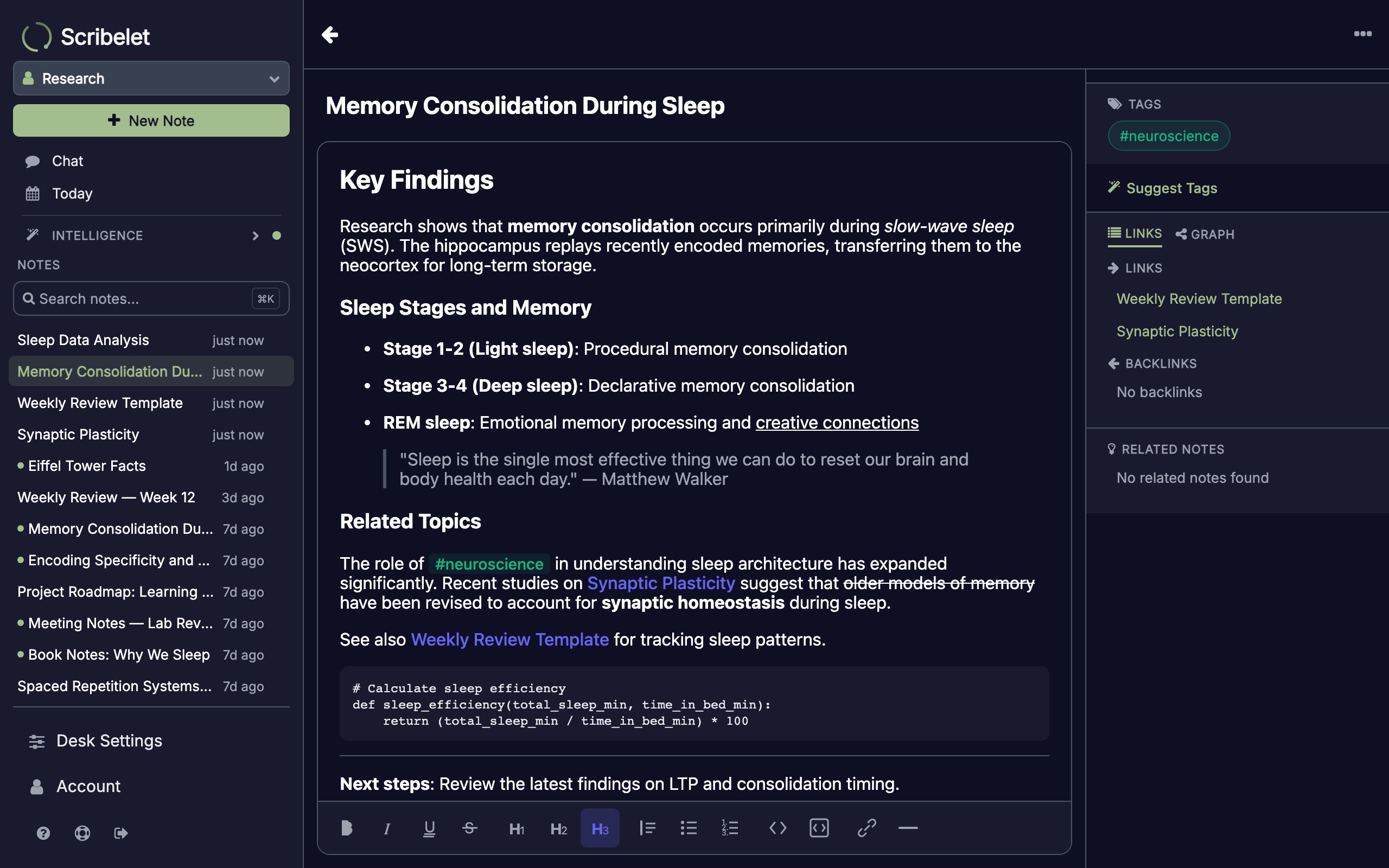 Formatting toolbar showing text styling, headings, structure, code, and insert buttons