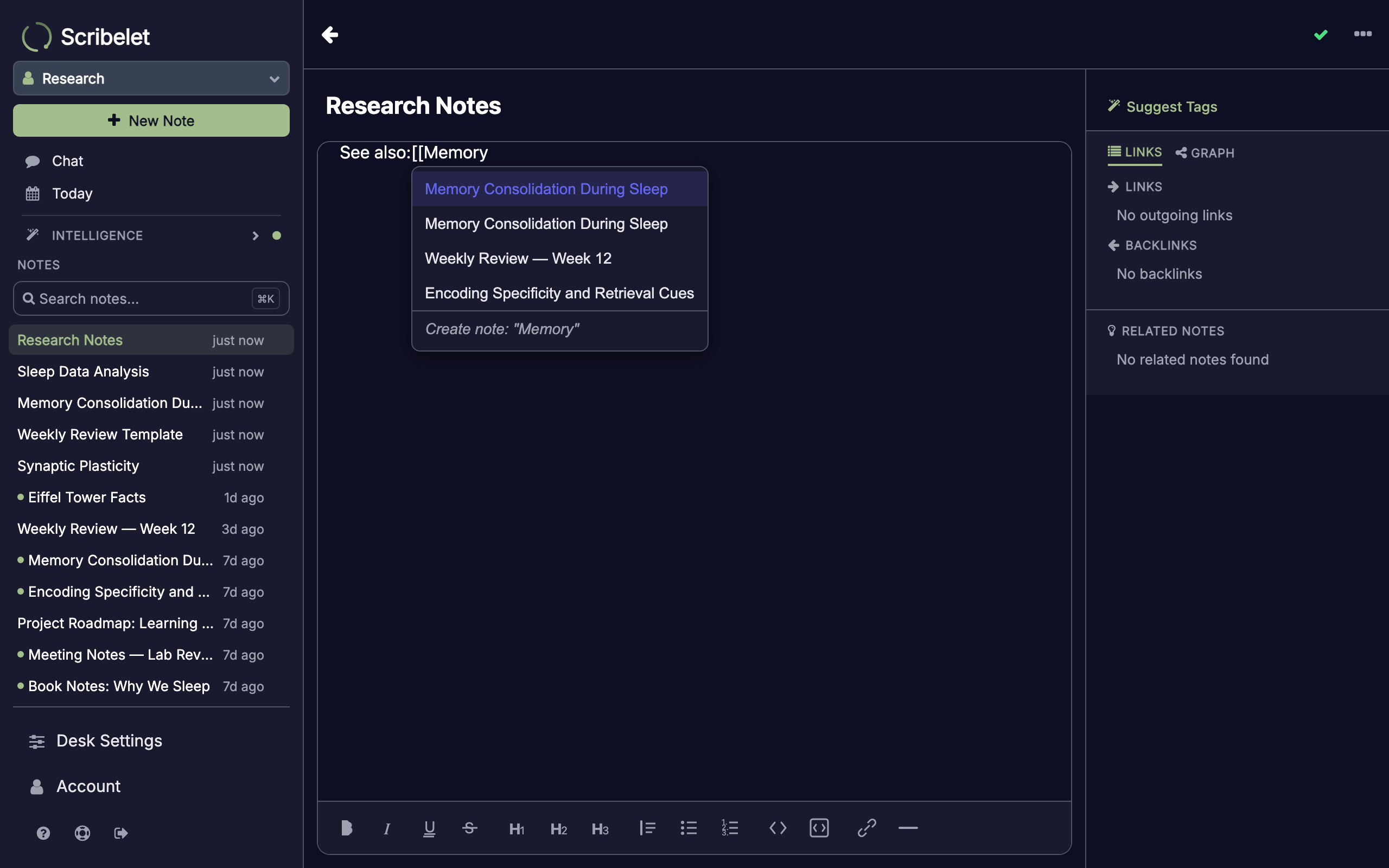 Wikilink autocomplete popup showing matching note titles