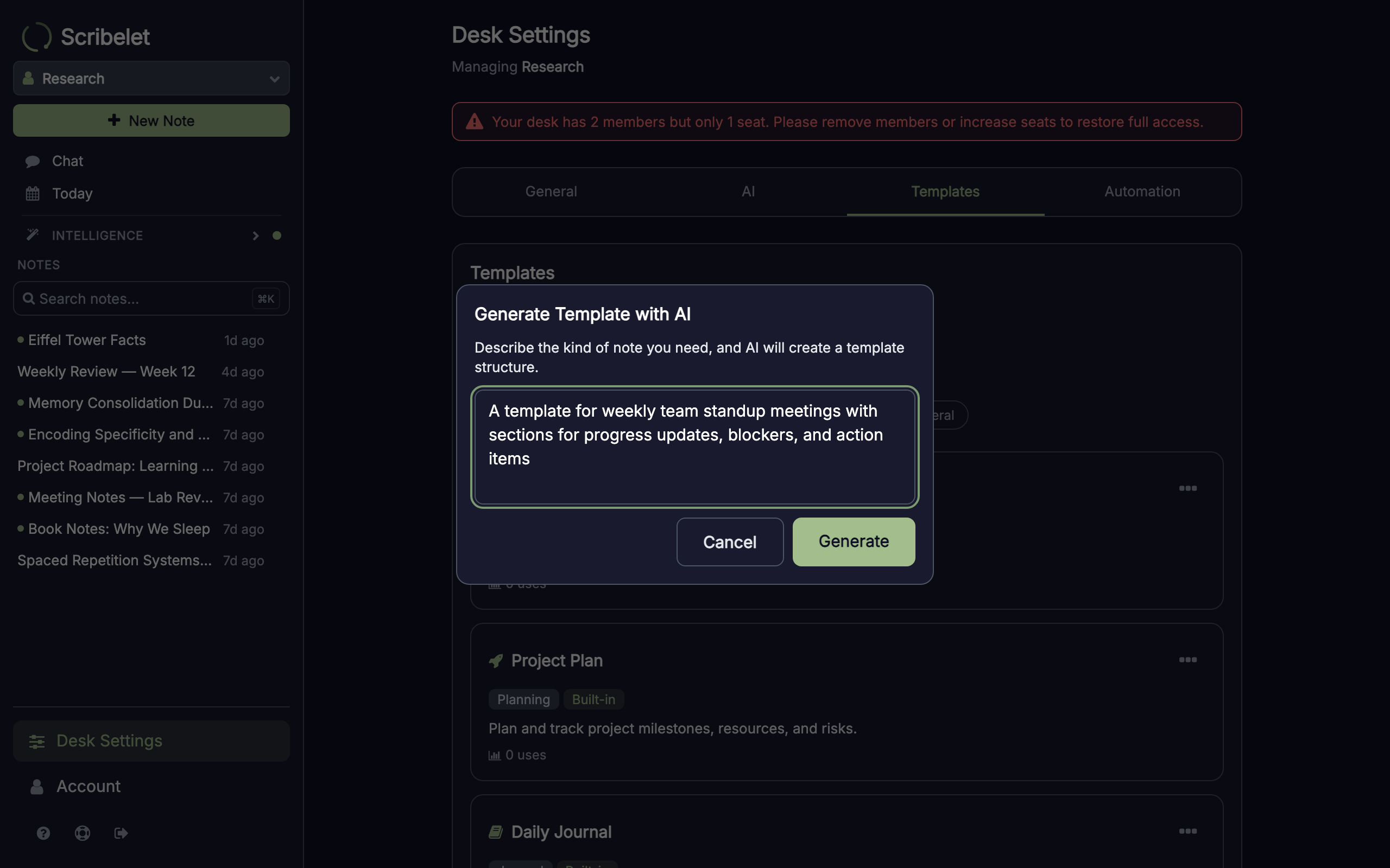 AI template generator modal with a description input and Generate button