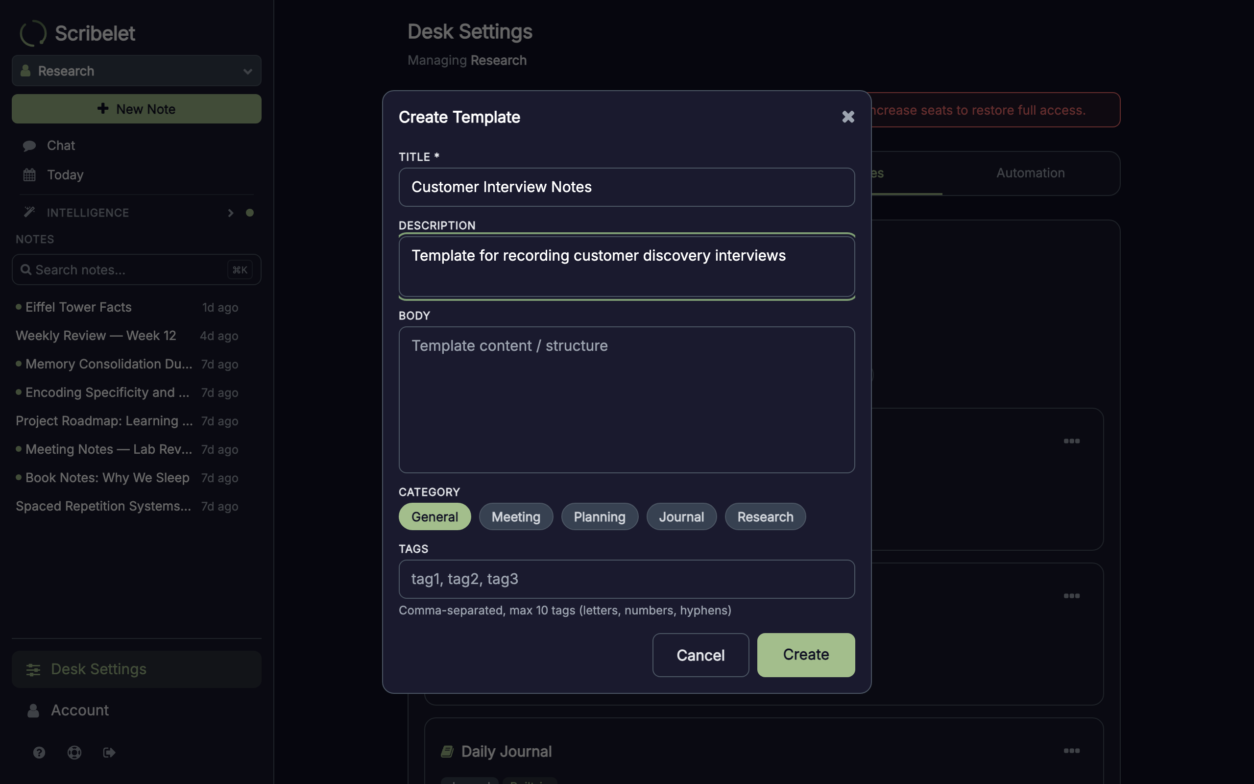 Template editor modal with title, body, category, and default tags fields