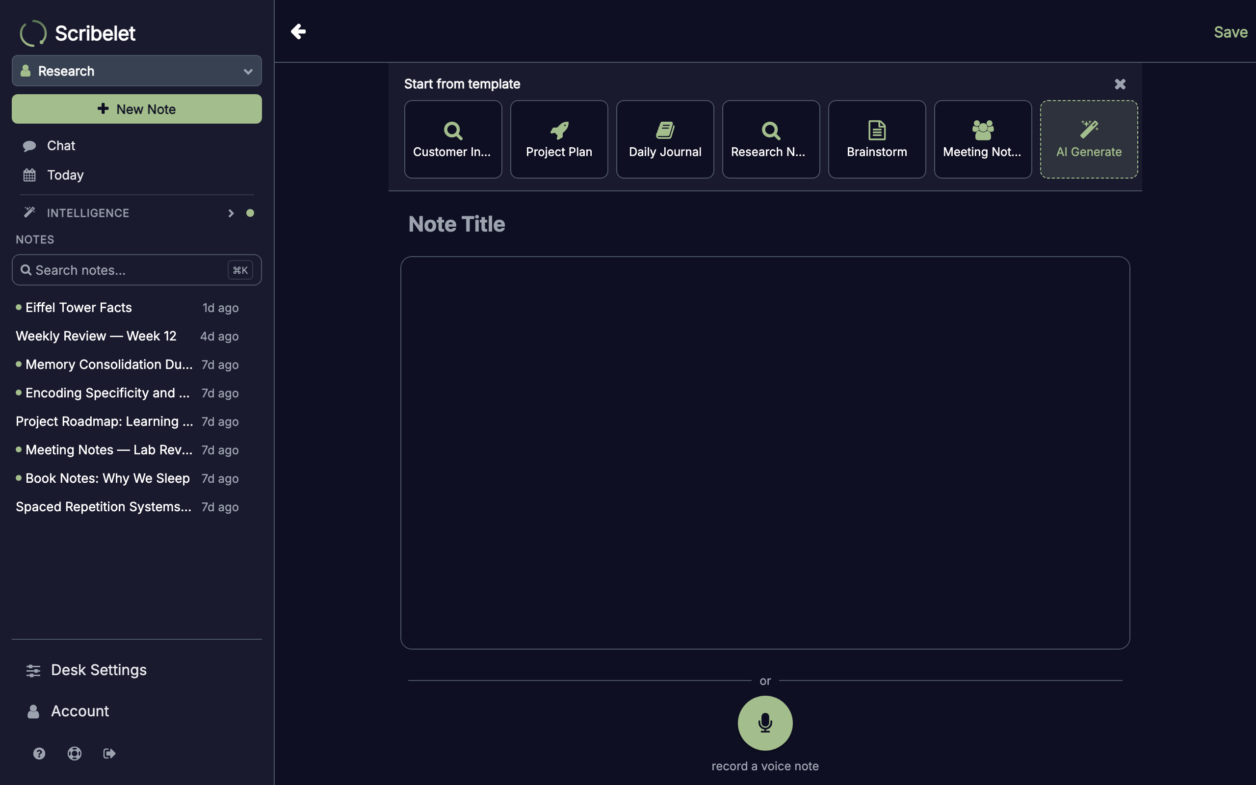 Template picker showing available templates as cards when creating a new note