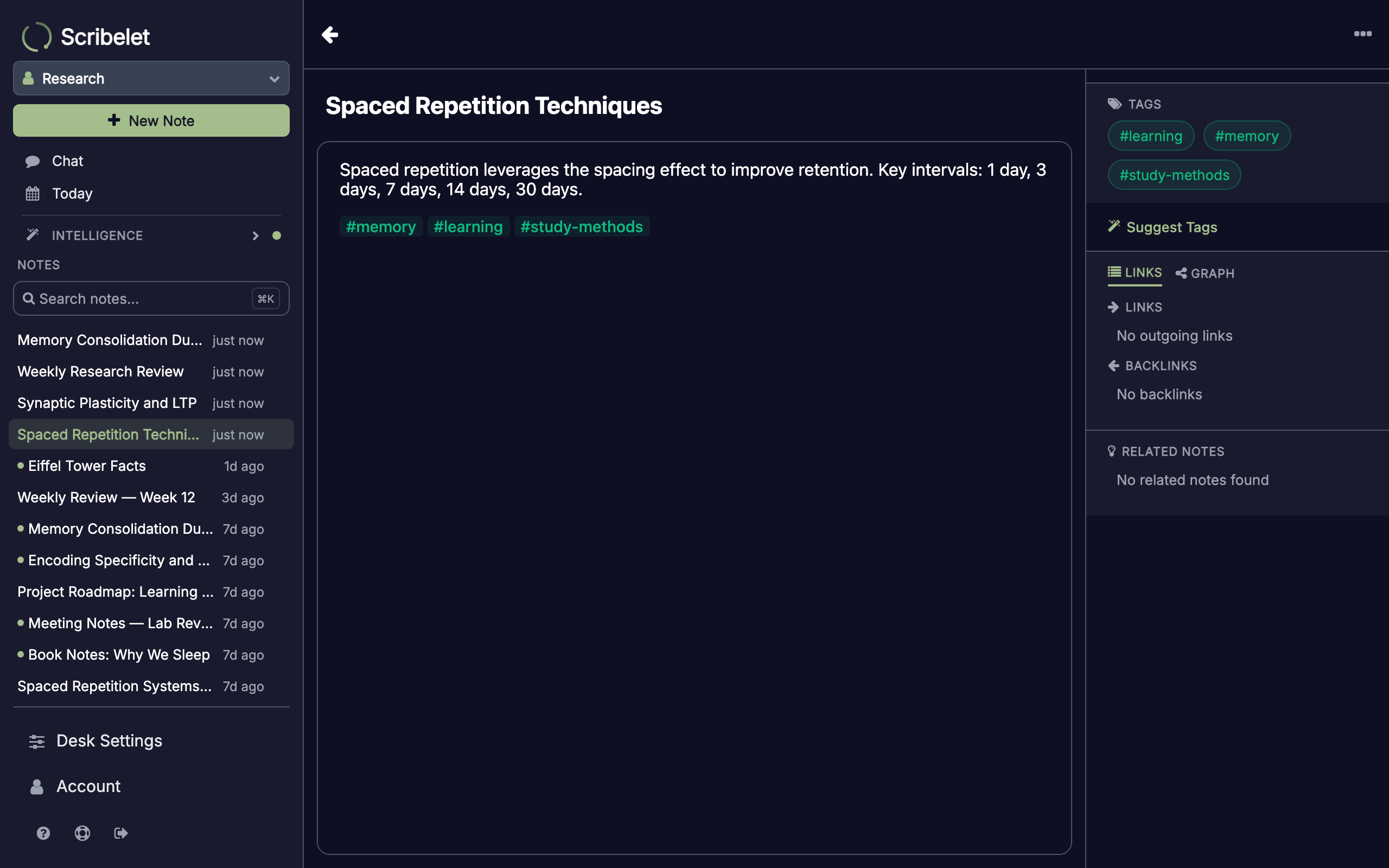 Tags section in the sidebar showing green tag chips for the current note