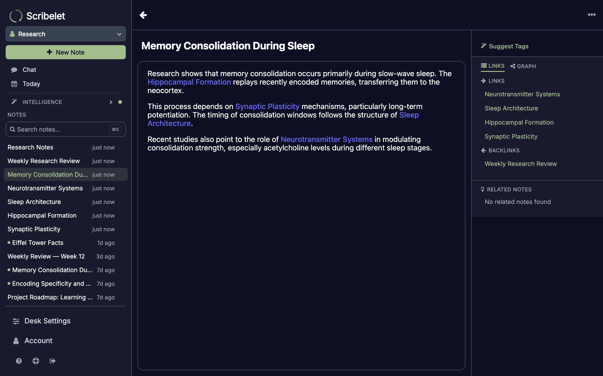 Links panel in the sidebar showing outgoing links and backlinks for a note about memory consolidation