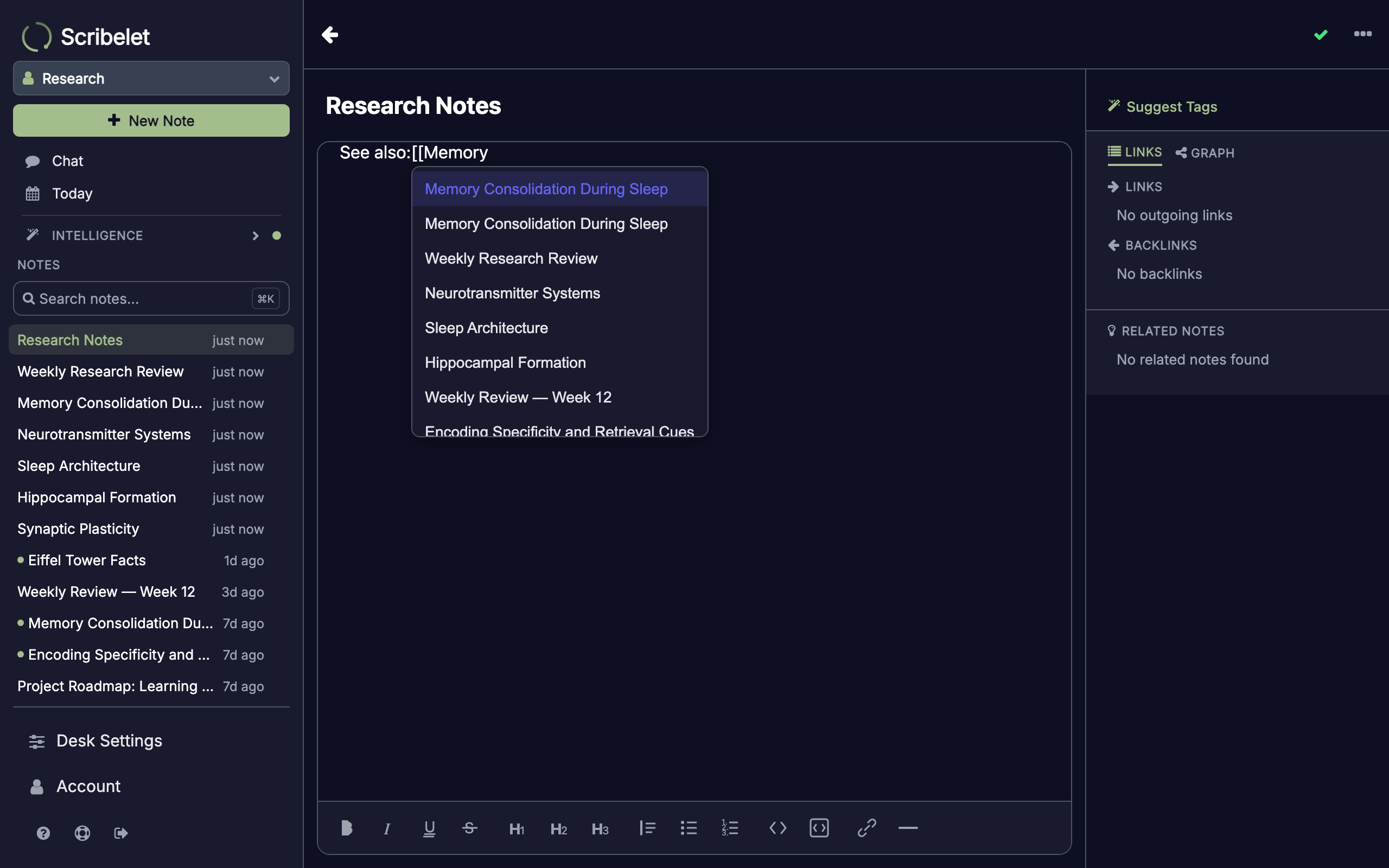 Wikilink autocomplete popup showing matching note titles as you type