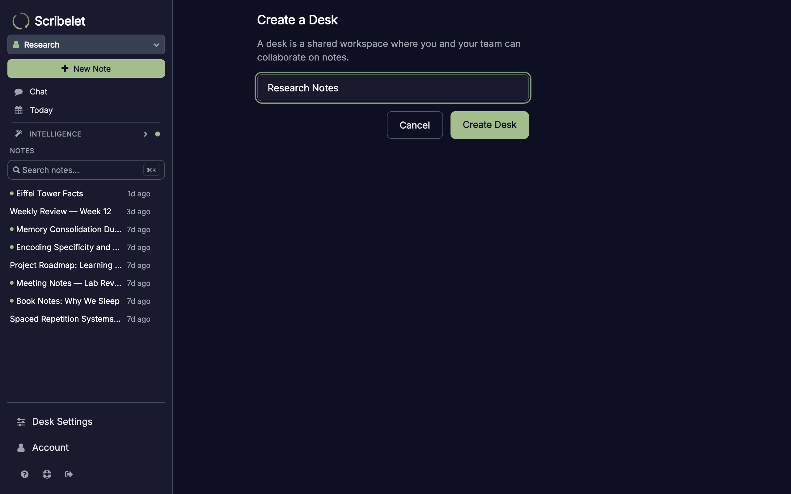 Create desk form showing a name input and Create Desk button
