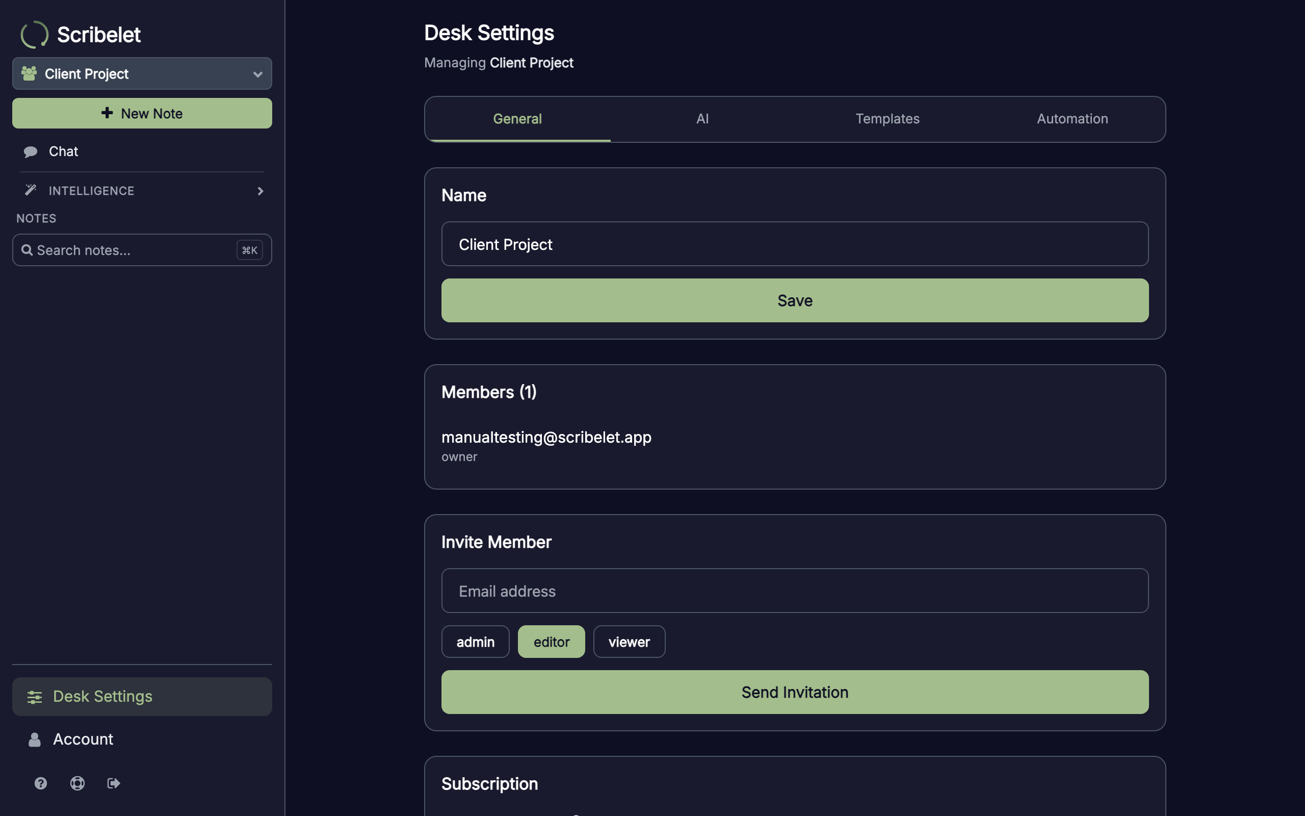 Desk settings General tab showing member list and invite form