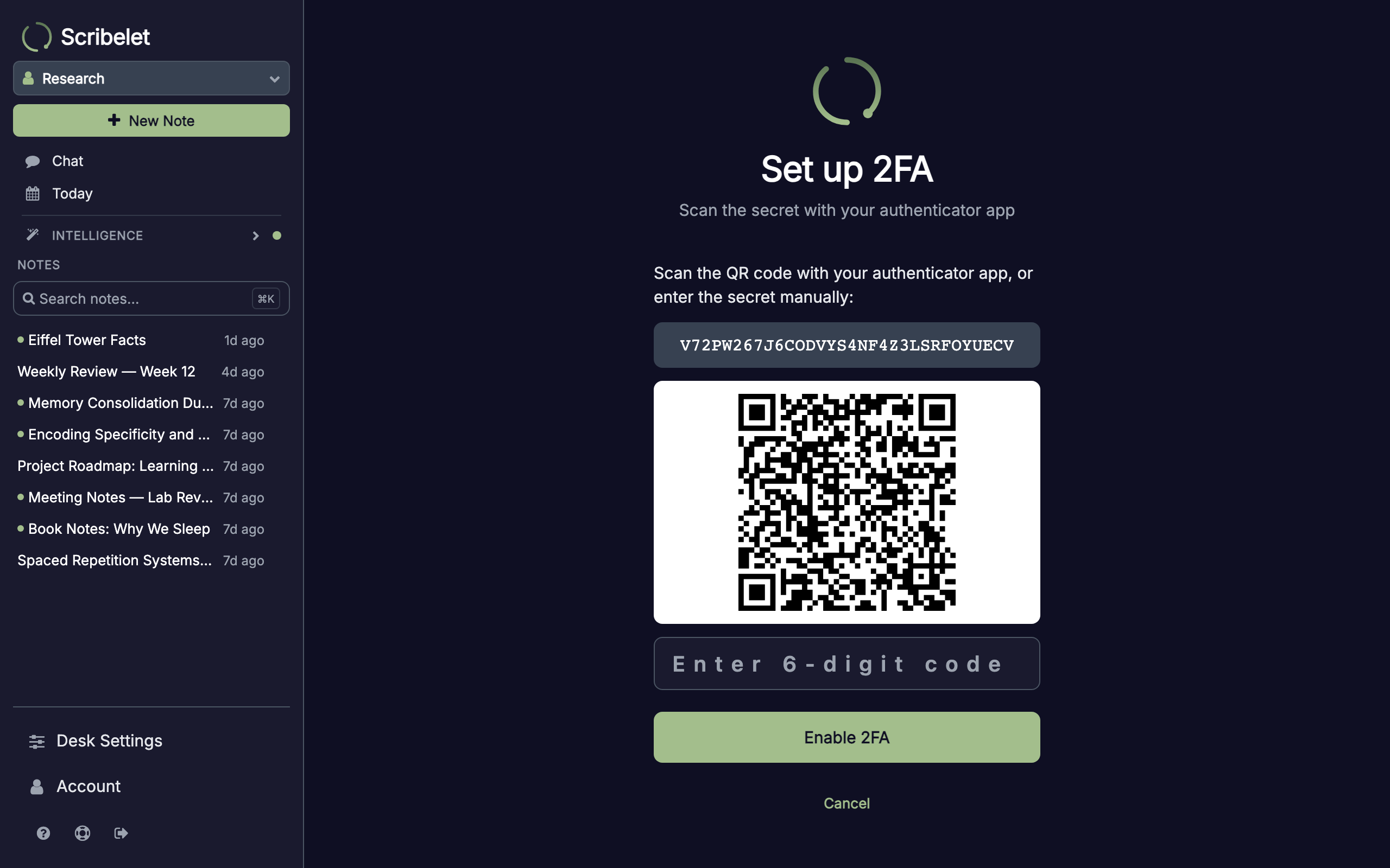 2FA setup screen showing QR code, secret key, and code input field