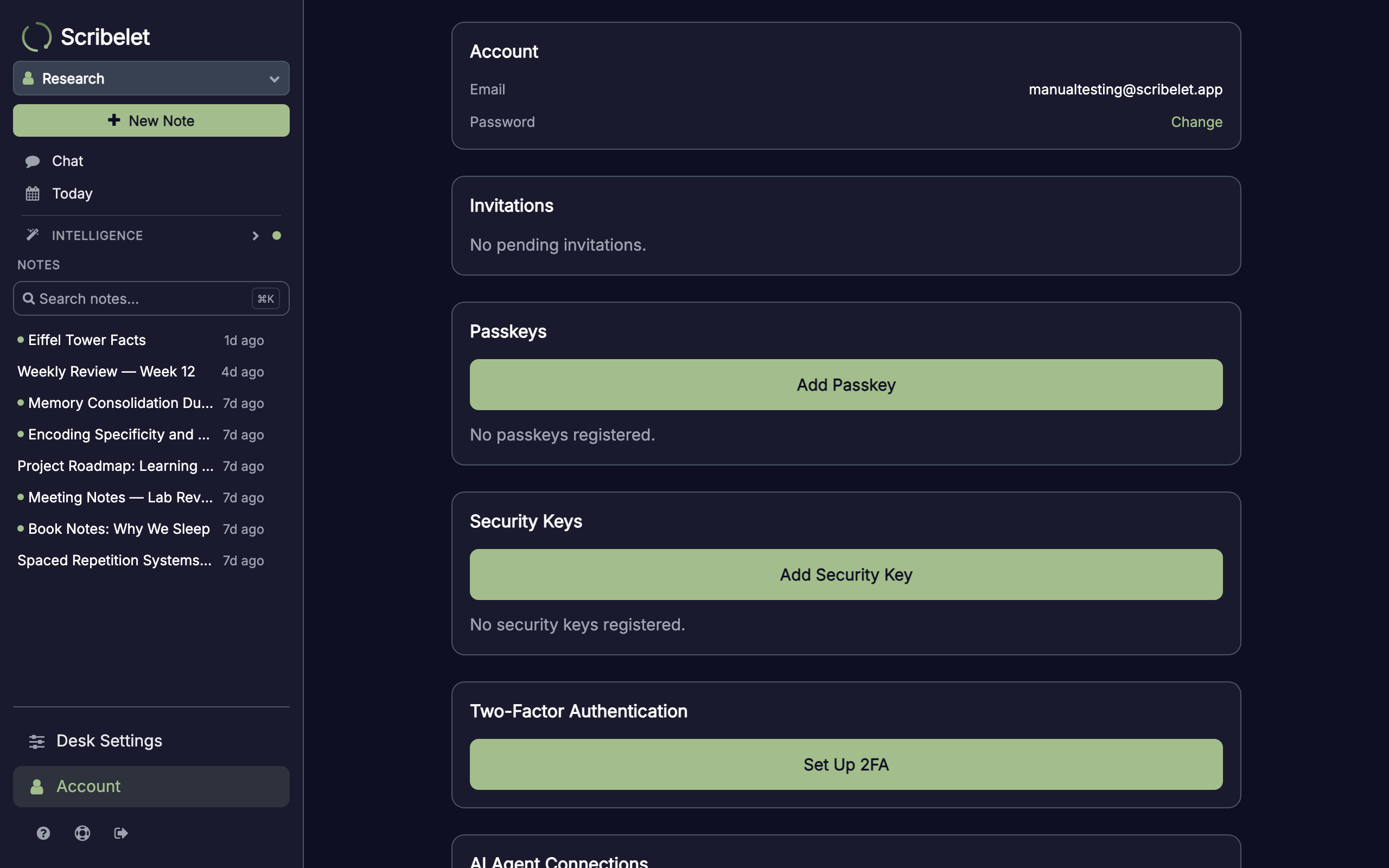 Account settings showing Passkeys, Security Keys, and Two-Factor Authentication sections