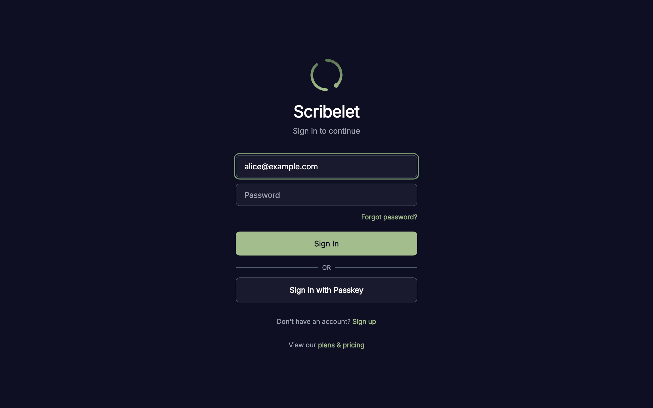 Scribelet login screen showing email and password fields, Sign In button, and Sign in with Passkey option