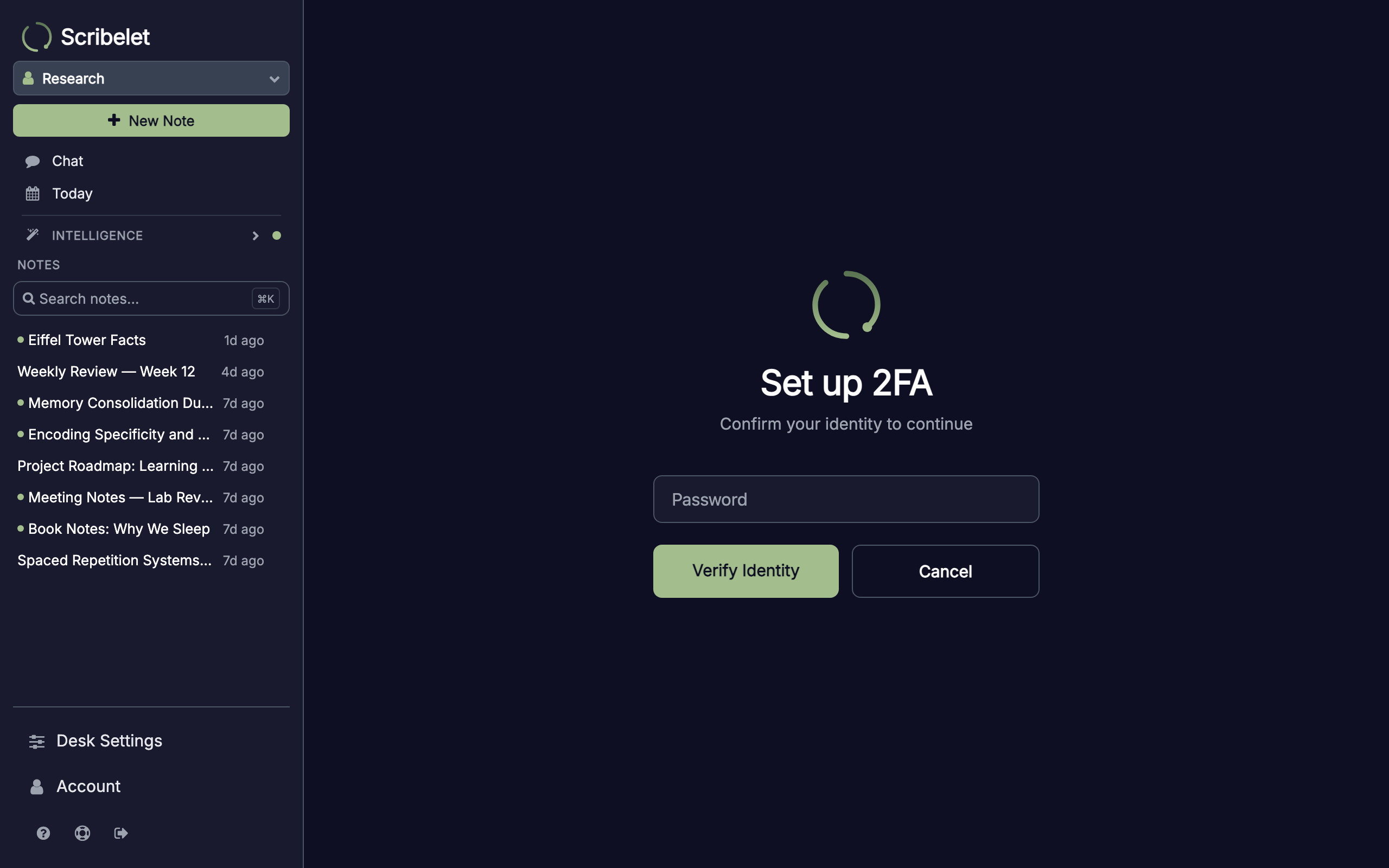 Step-up verification prompt asking for password before enabling 2FA